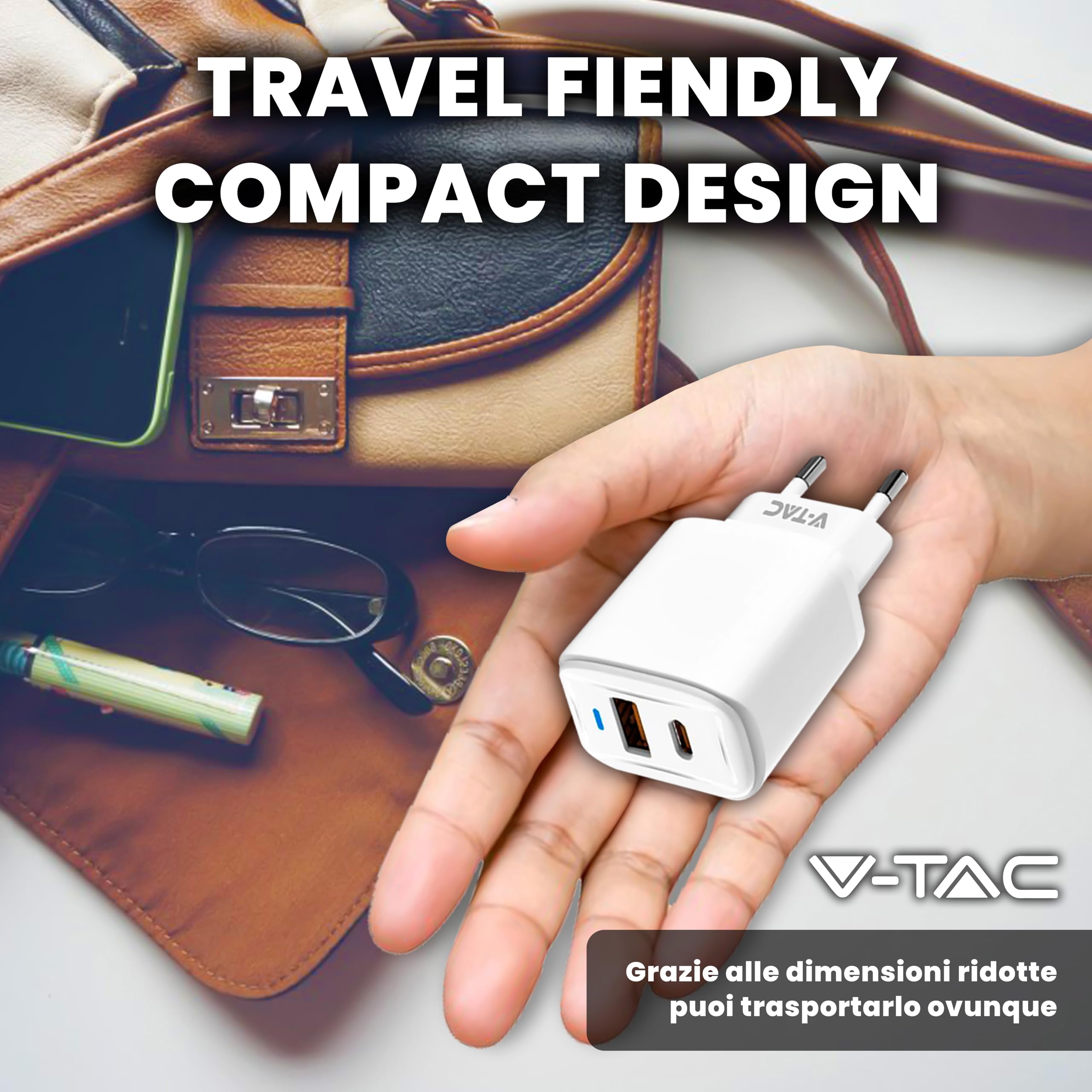 V-TAC Caricatore Rapido USB-C 20W per Iphone e Samsung – [SUPER PICCOLO] - per Smartphone e Dispositivi – 2 Porte: Type C + USB A - Compatibile Iphone 14/15/16/17 PRO/MAX e Galaxy S25 / S26 / A56
