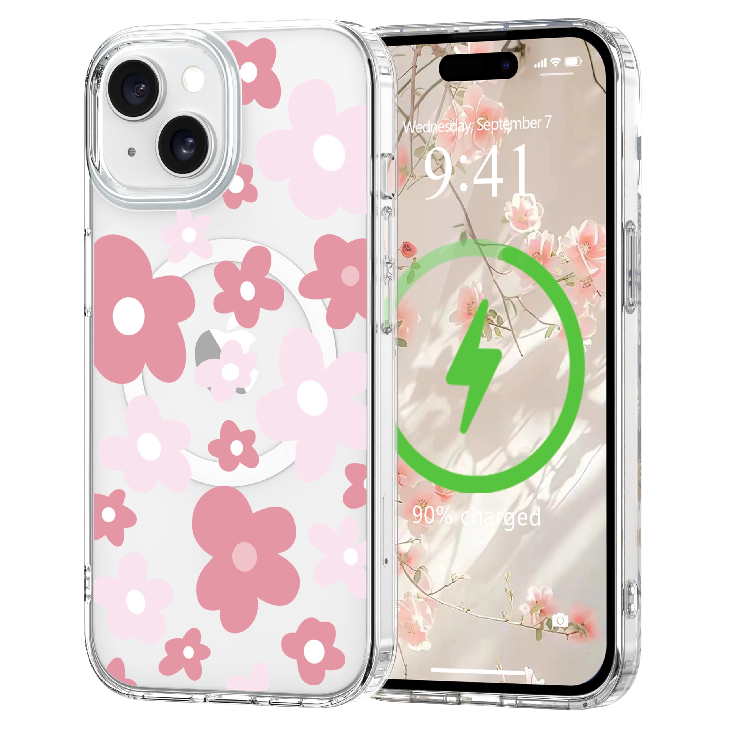 L-FADNUT for iPhone 15 Plus Case [Compatible with Magsafe], Cute Flower Girls Women Clear Case Silicone Shockproof Protective Cover with Pretty Floral