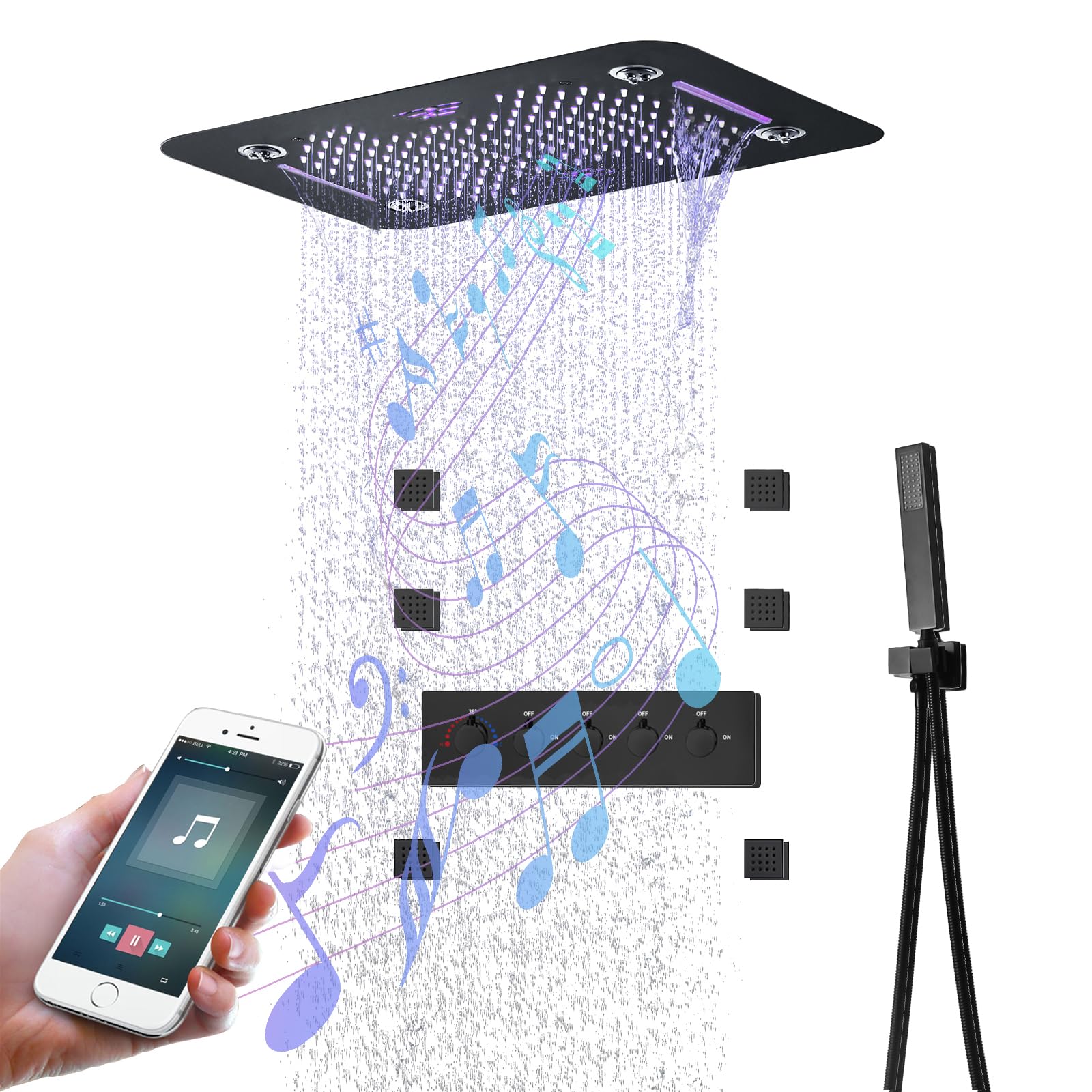 Colonna doccia,nero,Set doccia multifunzione con termostato,Kit doccia con musica Bluetooth con soffione da 580x380mm,LED multicolore,6 soffioni laterali e doccetta,doccia soffione completo