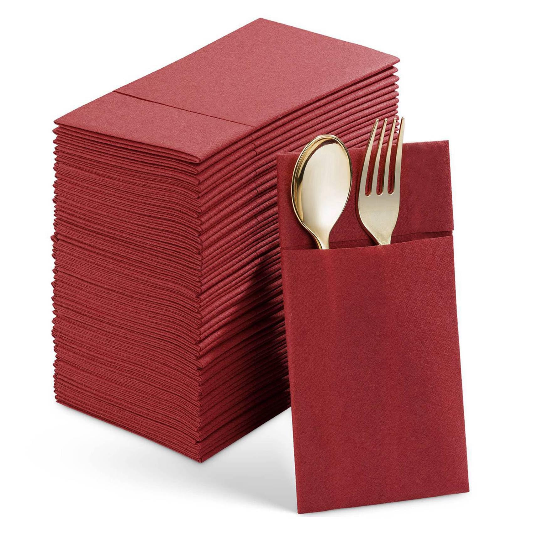 100 PièCes Serviettes de Table Jetables avec Poche à Couverts IntéGréE, Tissu Pré-Plié comme des Serviettes en Papier pour FêTe de Mariage Rouge