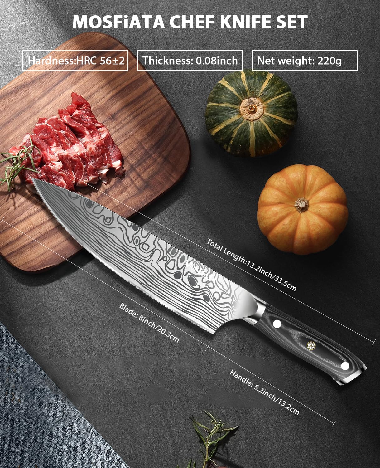 MOSFiATA 8" Super Sharp Professional Chef's Knife with Finger Guard and Knife Sharpener, German High Carbon Stainless Steel EN1.4116 with Micarta Handle and Gift Box — Amazon image 3