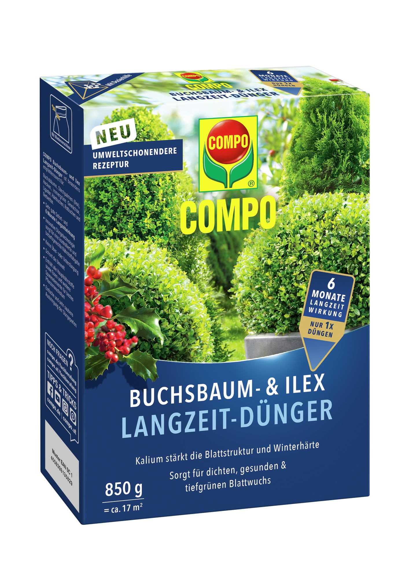 COMPO Buchsbaum- und Ilex Langzeit-Dünger, Für Buchsbäume, Stechpalmen und Hecken, Umweltschonendere Rezeptur, 6 Monate Langzeitwirkung, 850 g, 17 m²