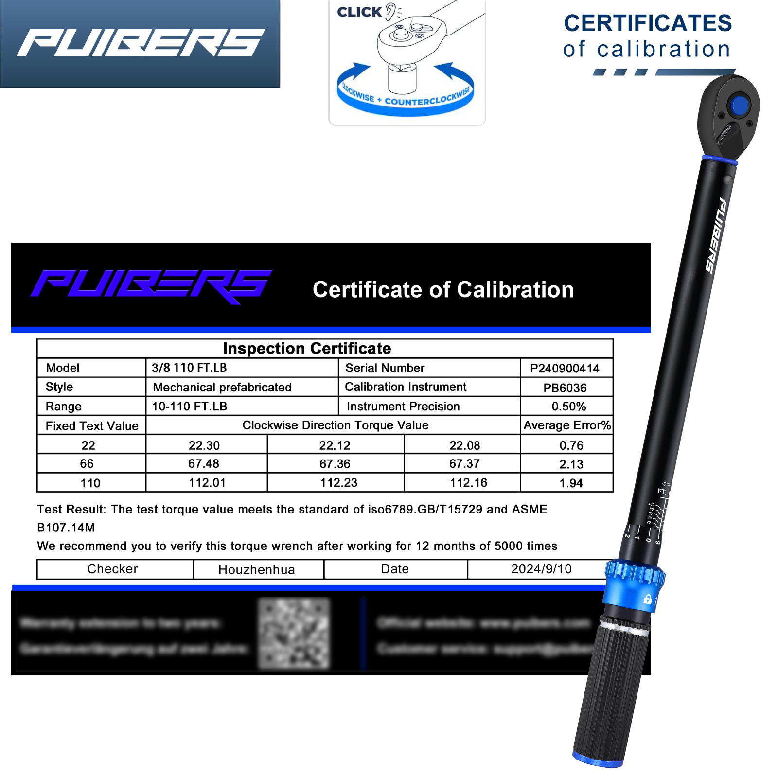 PUIBERS 3/8 inch Drive Click Torque Wrench, Click Torque