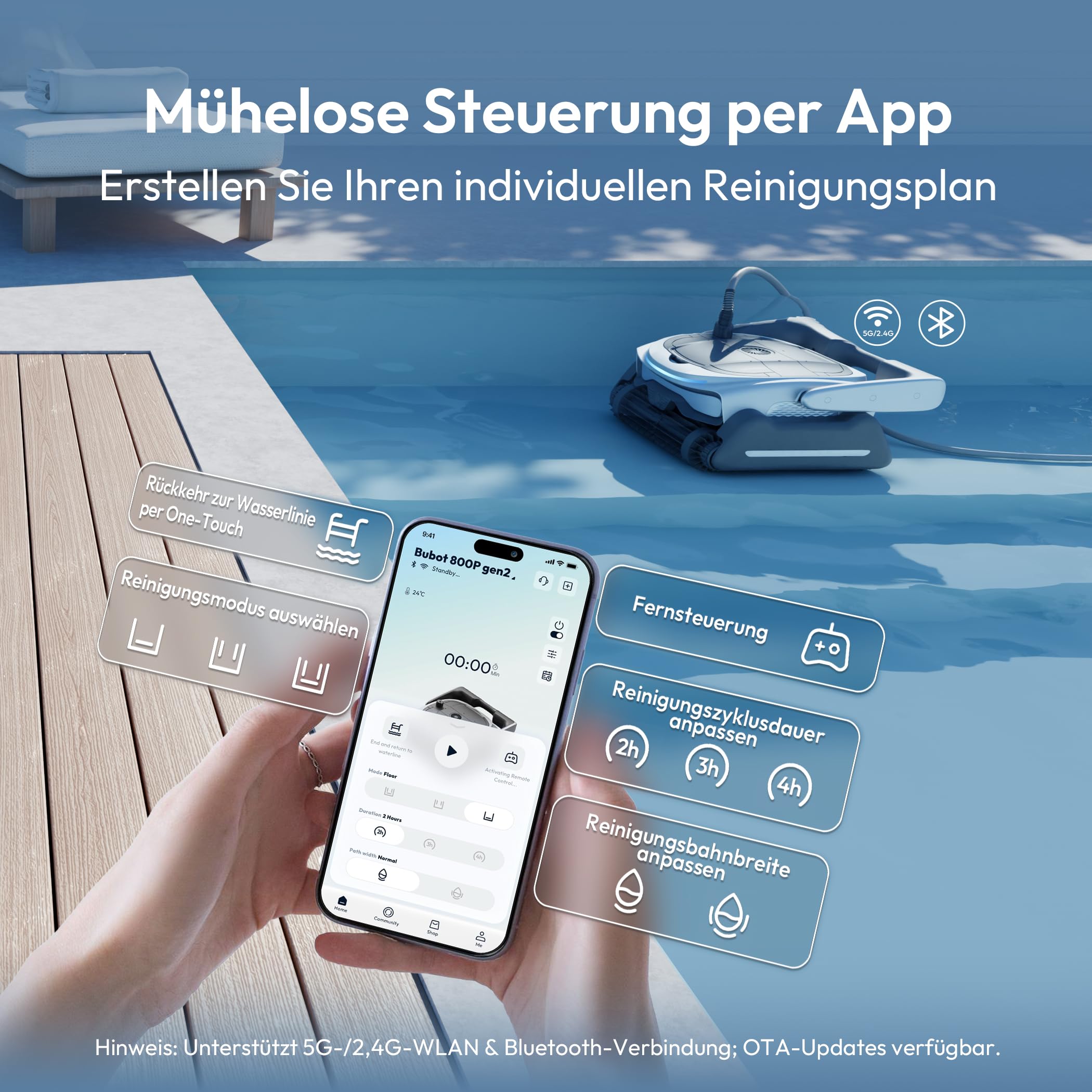 BUBLUE Bubot 800P generacja 2 robotów basenowych, podłoga i ściana, z inteligentną nawigacją, duża siła ssania, z planerem tygodniowym, sterowaniem za pomocą aplikacji, środek do czyszczenia basenów | Z planerem tygodniowym