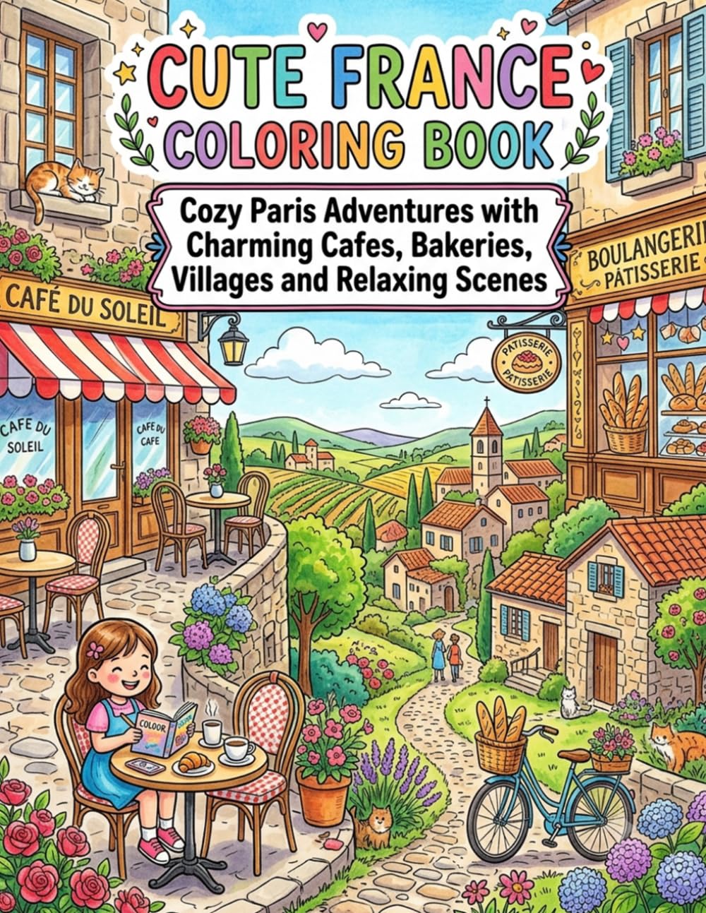 Cute France Coloring Book: Cozy Paris Adventures with Charming Cafes, Bakeries, Villages and Relaxing Scenes