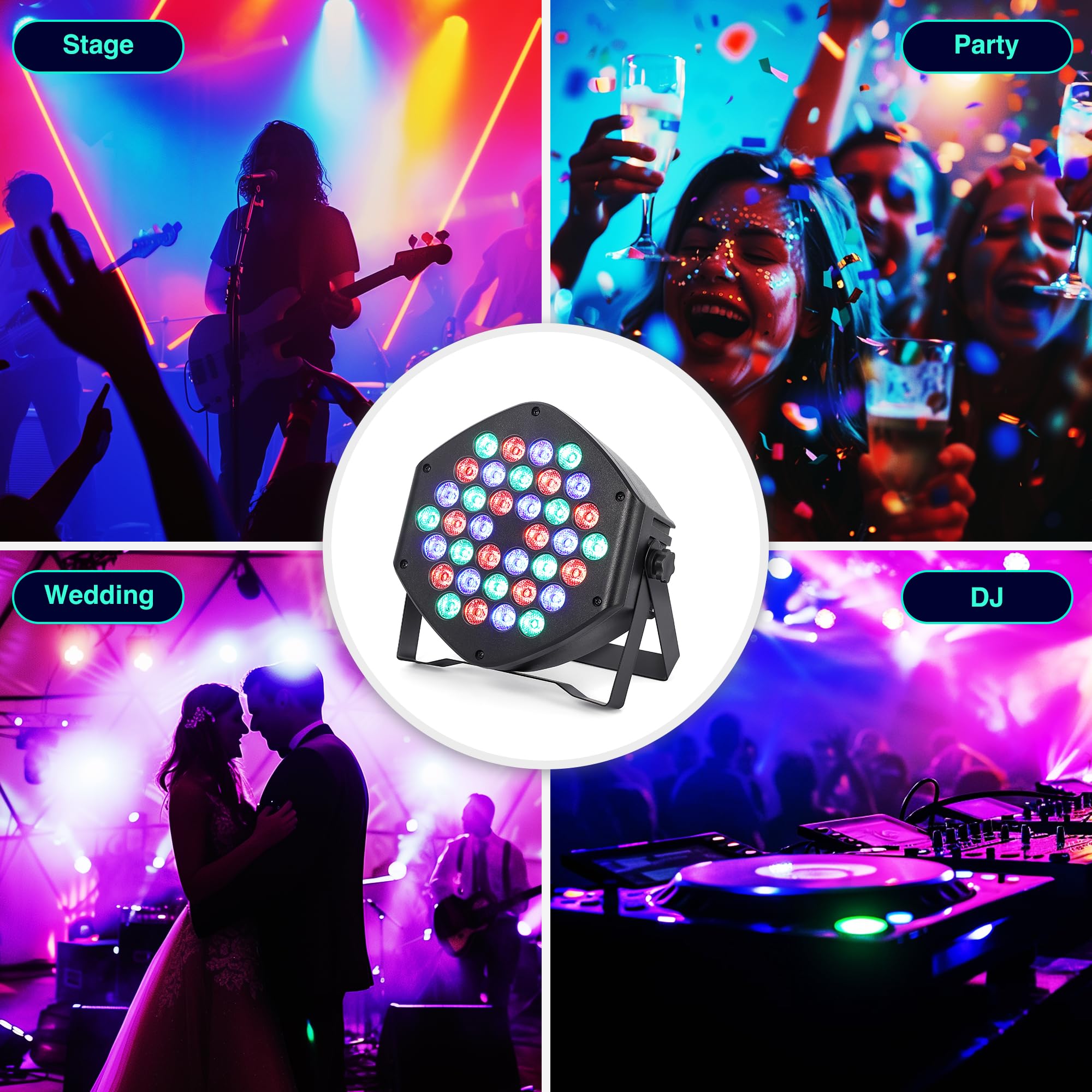 Rechargeable Par Lights 36 RGB Stage Lights, Wireless Dj Uplights Battery Powered Uplighting Sound Activated DMX Control for Wedding Dj Disco Show(2 Pack)