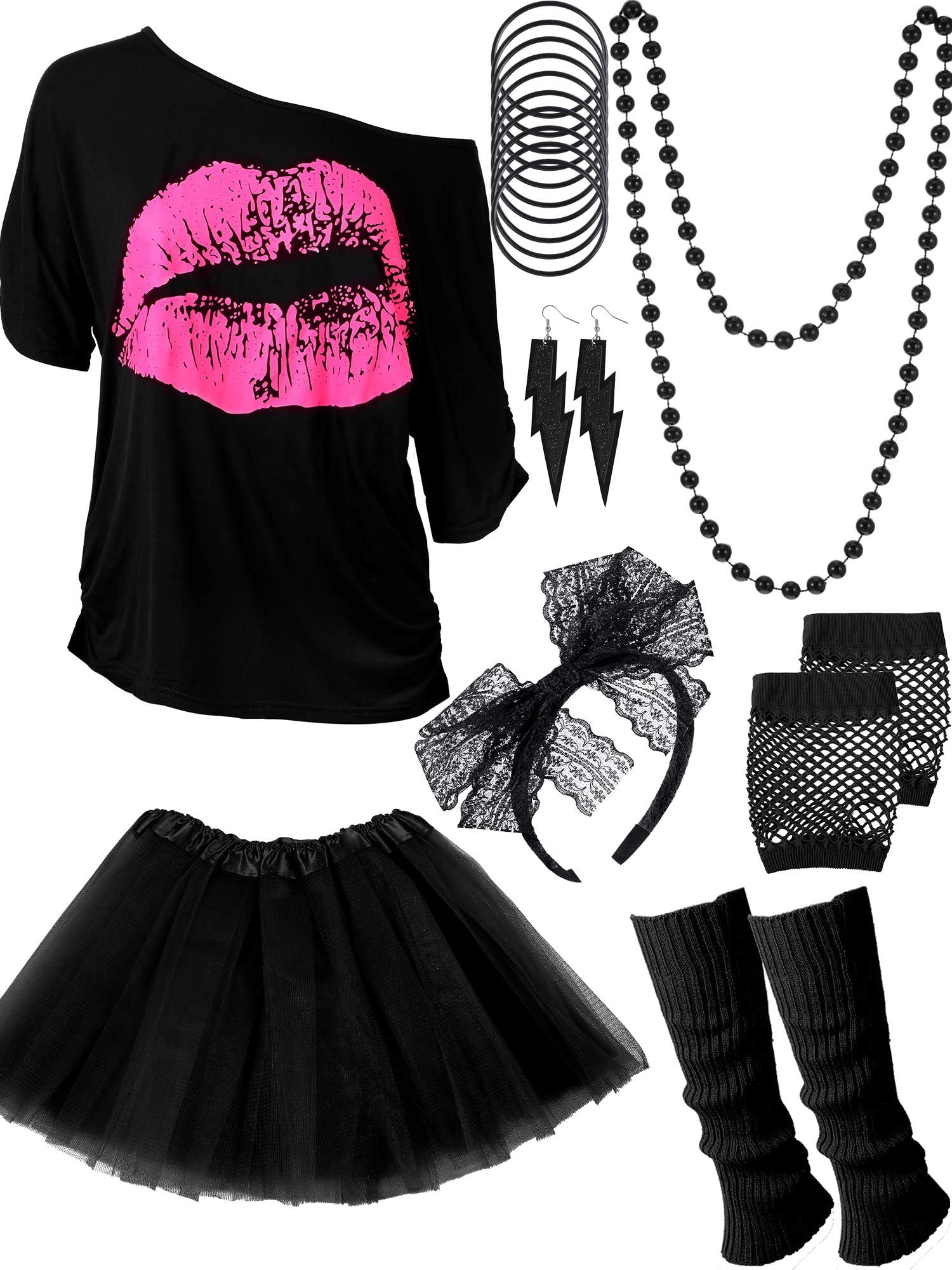 Women's 80s Costume Accessories Set, Lips Print T-Shirt Adult Tutu Skirt Lace Headband Neon Earrings Necklace Leg Warmers Fishnet Gloves Bracelet