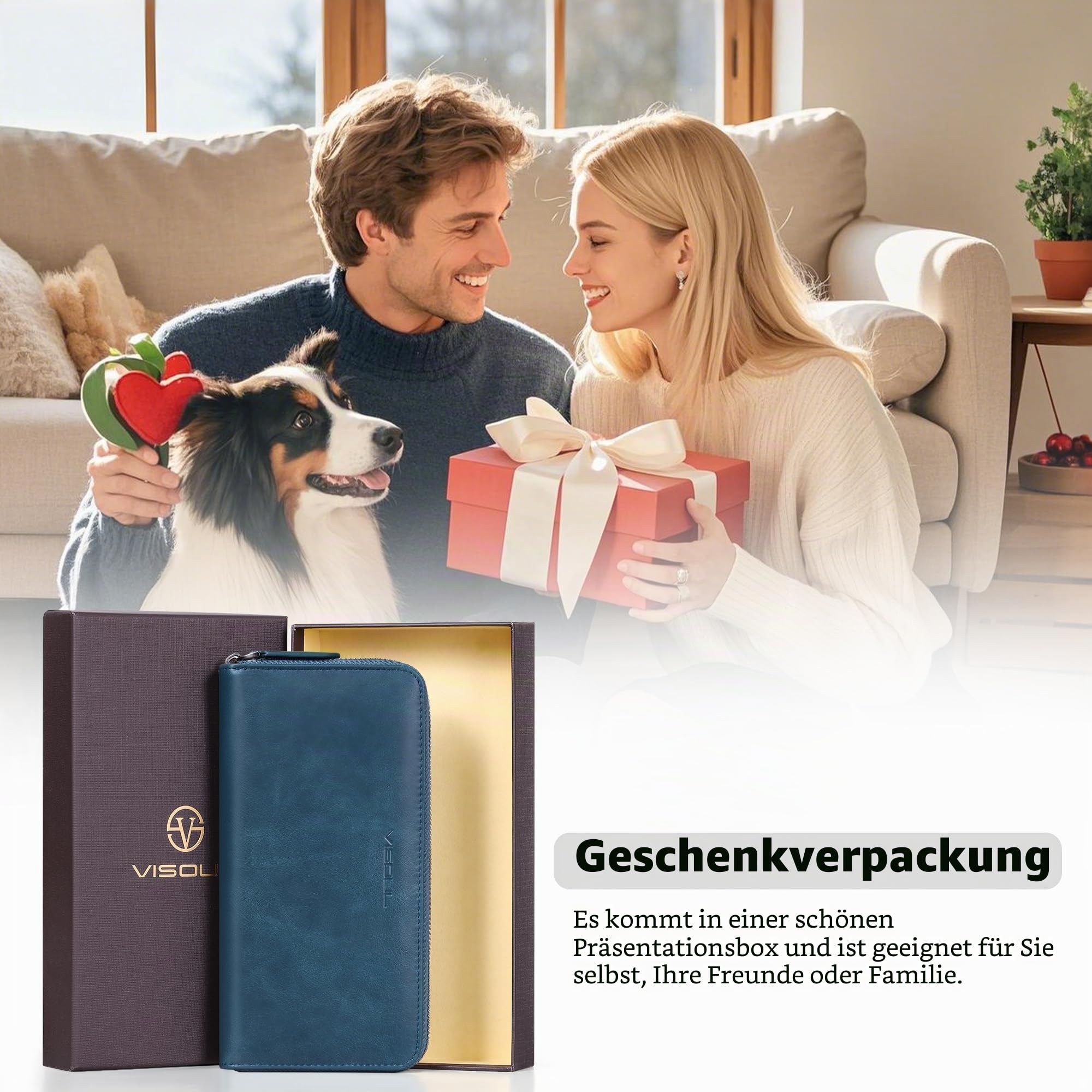 VISOUL Premium Brieftasche Echtleder Italienisches Leder mit RFID Schutz, XL Geldbörse für Herren Damen L02 (Blau)