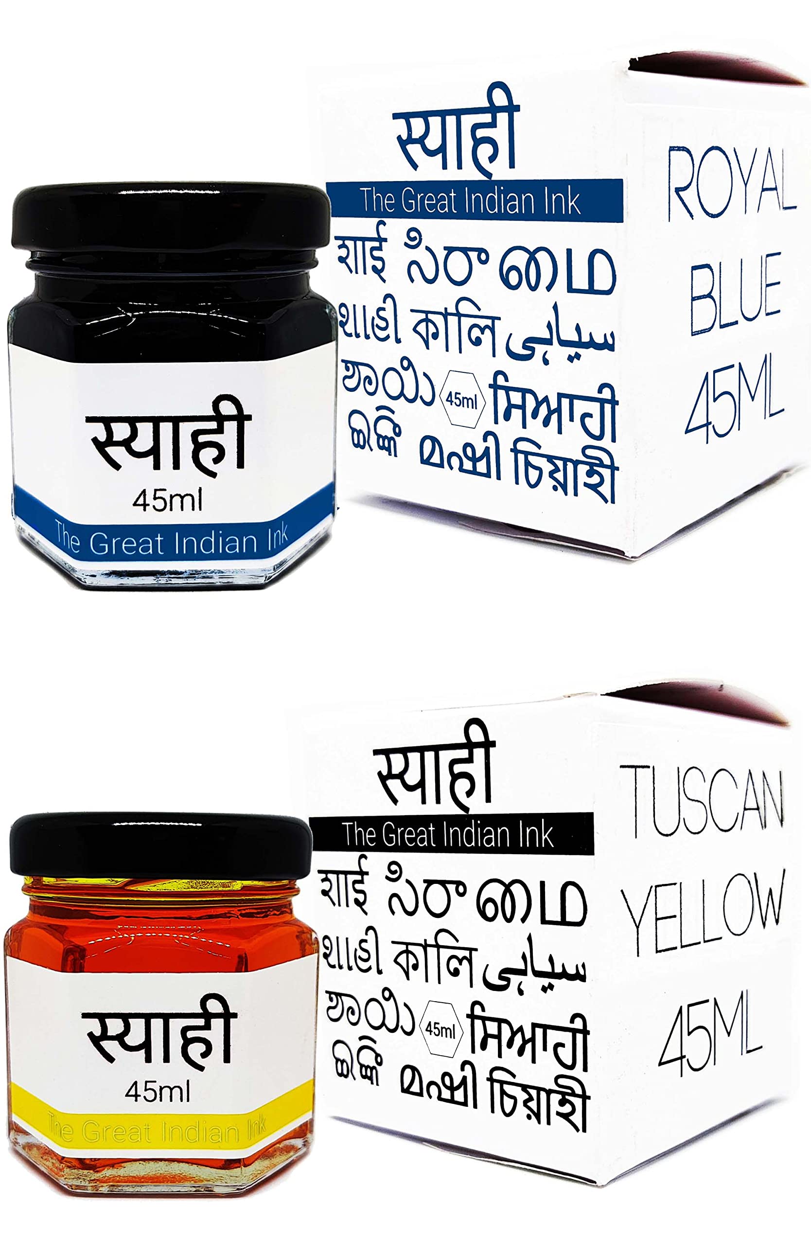 Syahi - The Great Indian Ink - Fountain Pen, Calligraphy, Drawing, Doodle, V5, V7, Trimax (Royal-Blue-Tuscan-Yellow)