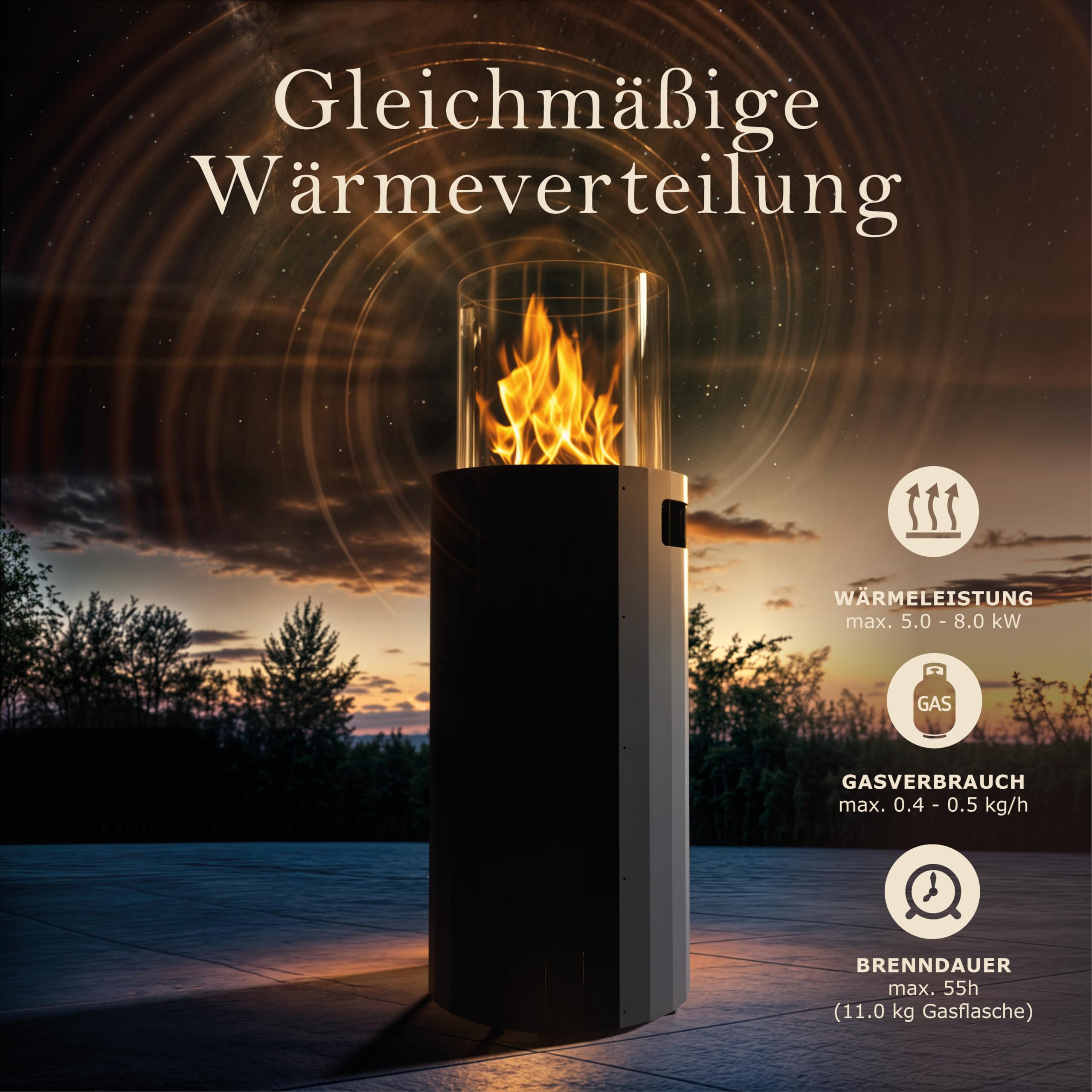 Planika BINO Outdoor-Gaskamin Tragbarer Terrassenheizer und Freistehender, Propan Heizpilz für Ihren Garten und Terrasse mit Schutzabdeckung