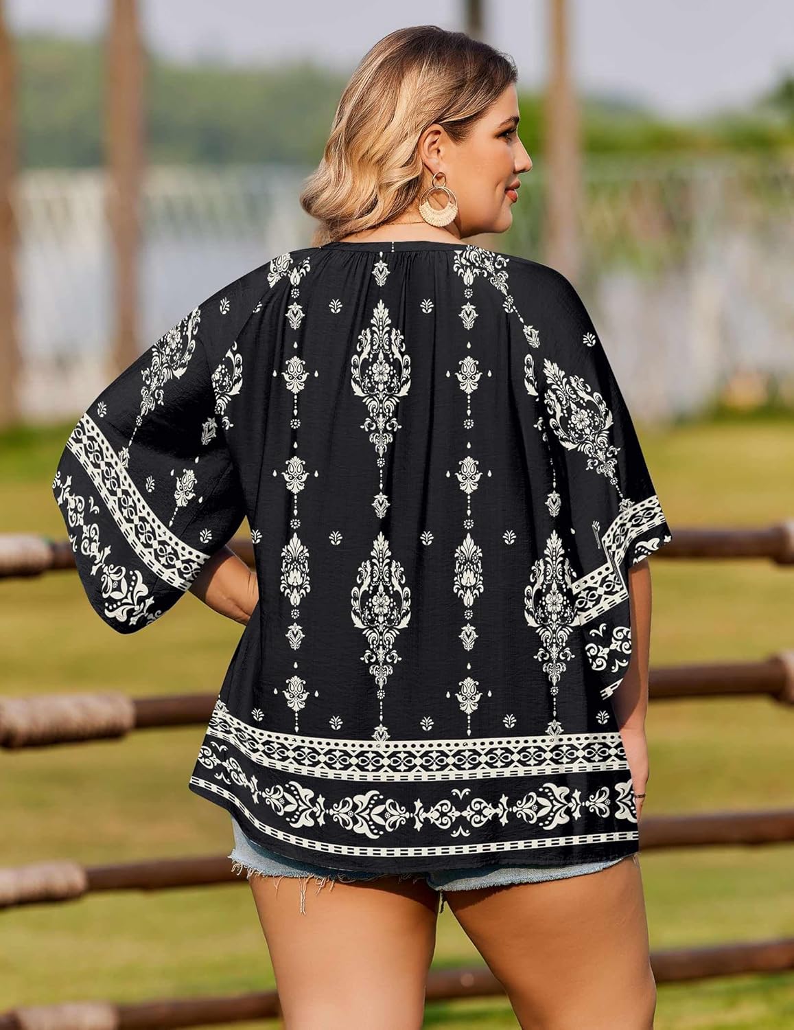 IN'VOLAND Plus Size 3/4 Sleeve Womens Blouse Boho Tops Summer V Neck Casual Loose Fit Tunic Beach Vacation Outfits 1X-5X - Image 5