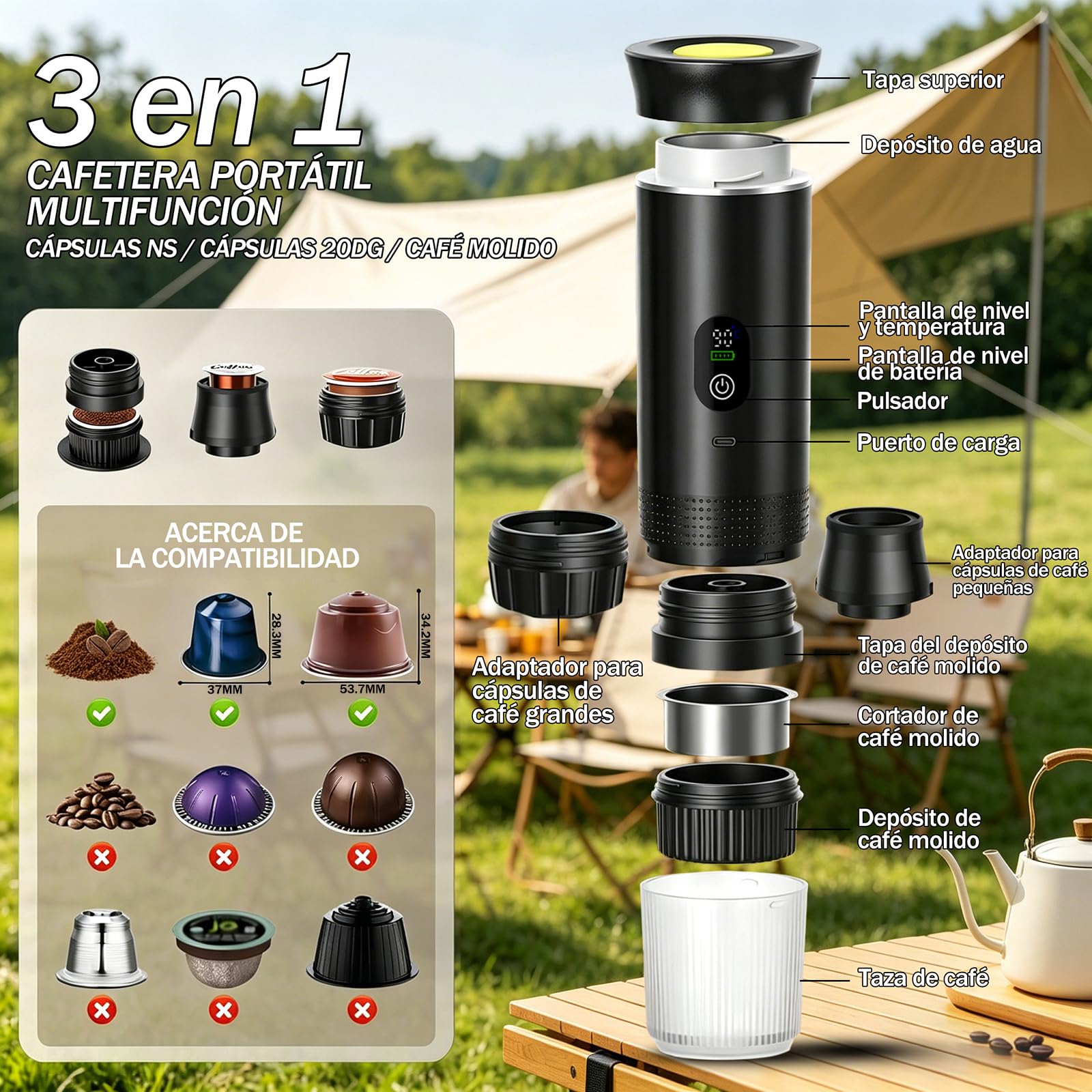 Nueva Cafetera de café espresso 3en1, para coche u oficina,Ideal para viaje | 20 bares, con pantalla LED,Máquina de café 80 ml compatible con cápsulas y café molido,Große Kaffeepulverschale (16 g)