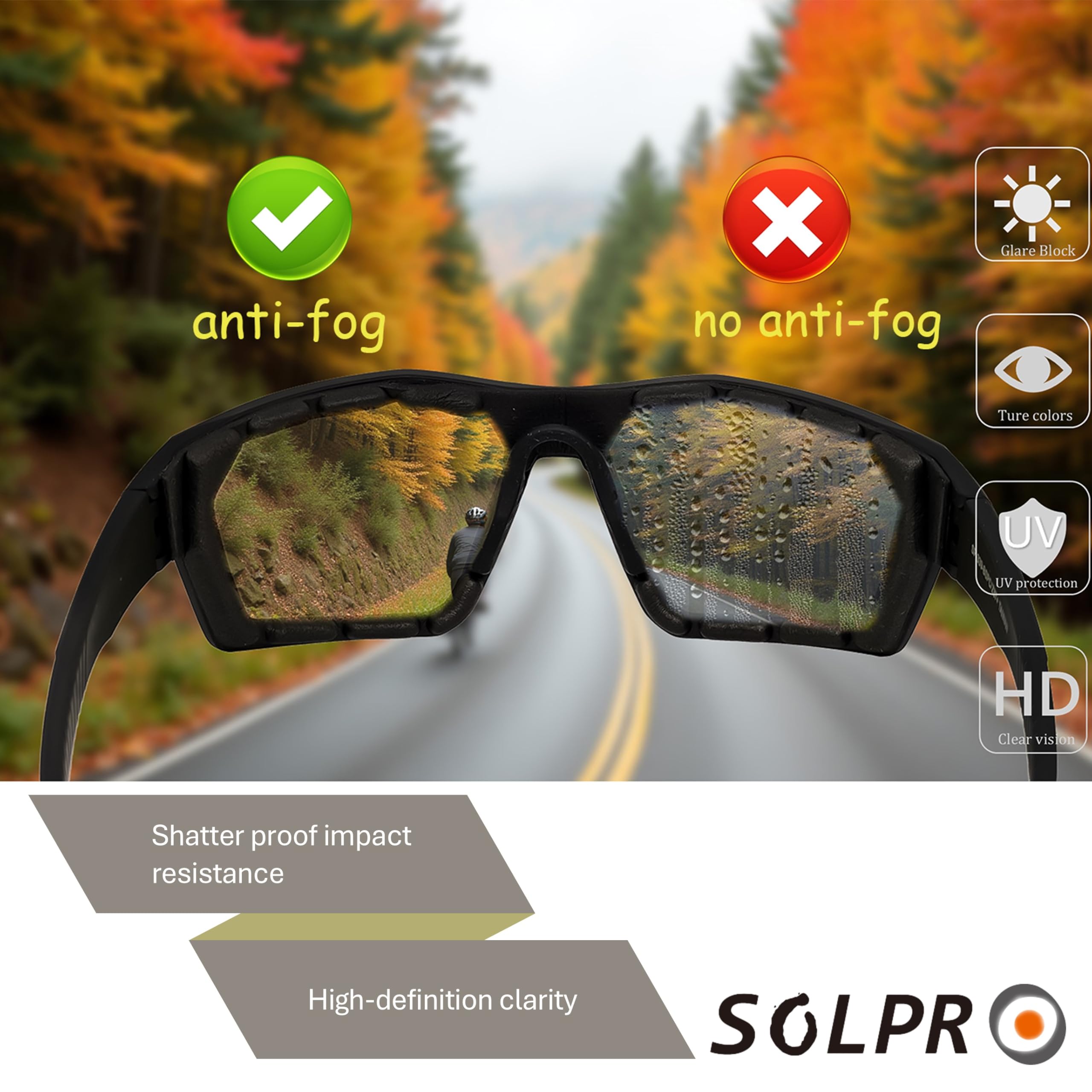 SOL PRO - Occhiali da moto antinebbia occhiali di sicurezza avvolgenti in schiuma imbottita antipolvere antivento occhiali per uomo donna