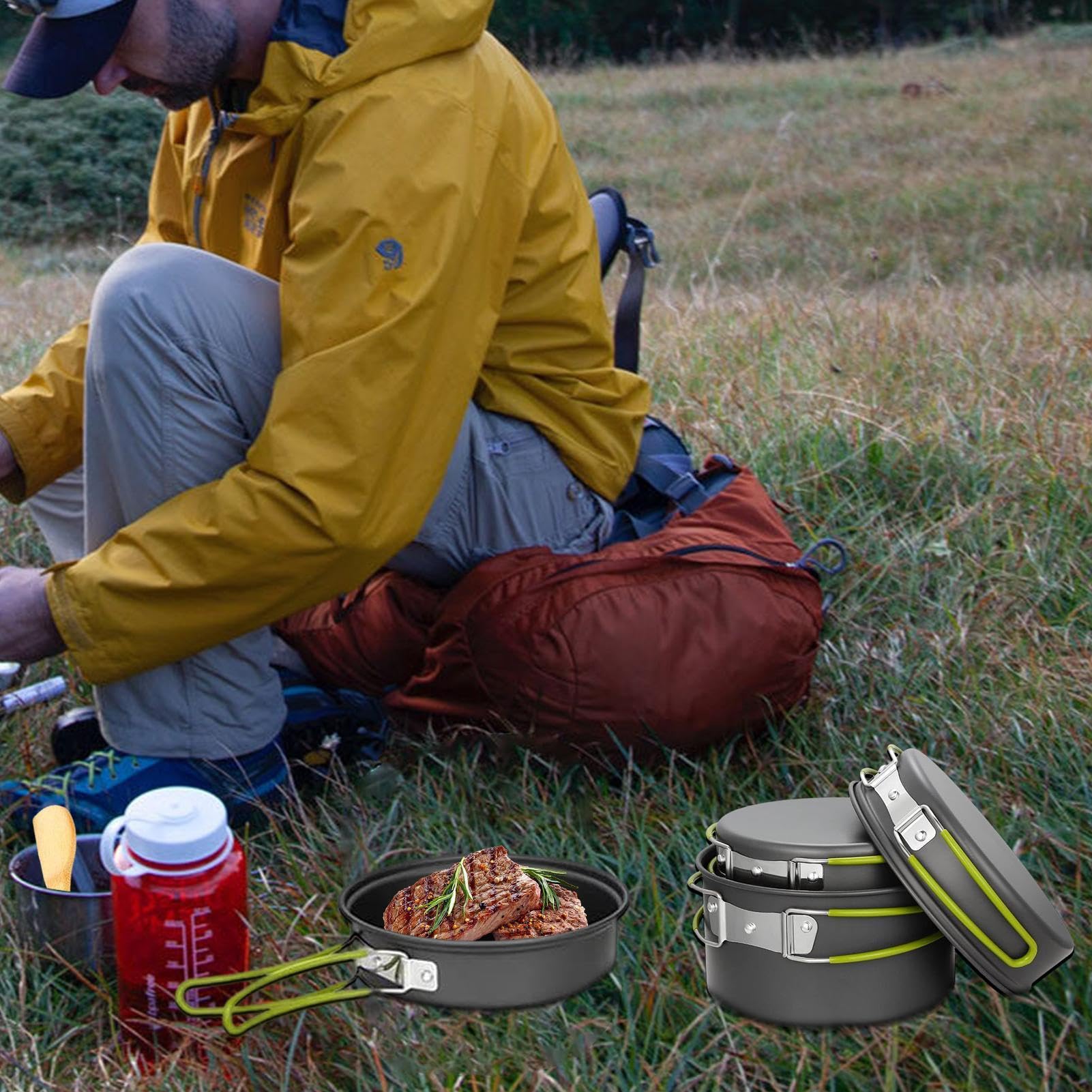 Olla Para Camping De Cocinar Sartenes y Planchas Antiadherentes | Equipo para Camping y Acampada para Excursionismo, Aire Libre, Picnic y Cocina para 2 a 3 Personas