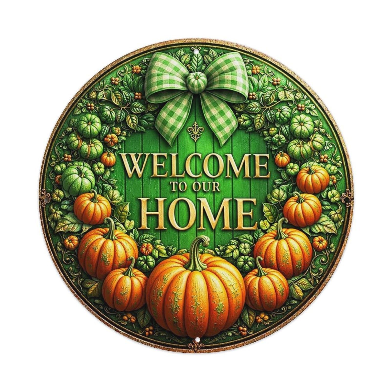 Pumpkin Vine Bow Welcome Home Vintage Round Tin Sign Retro Metal Wall Decor Metal Poster, Home Bar Garage Cafe Wall Art Decoration 8x8Inches