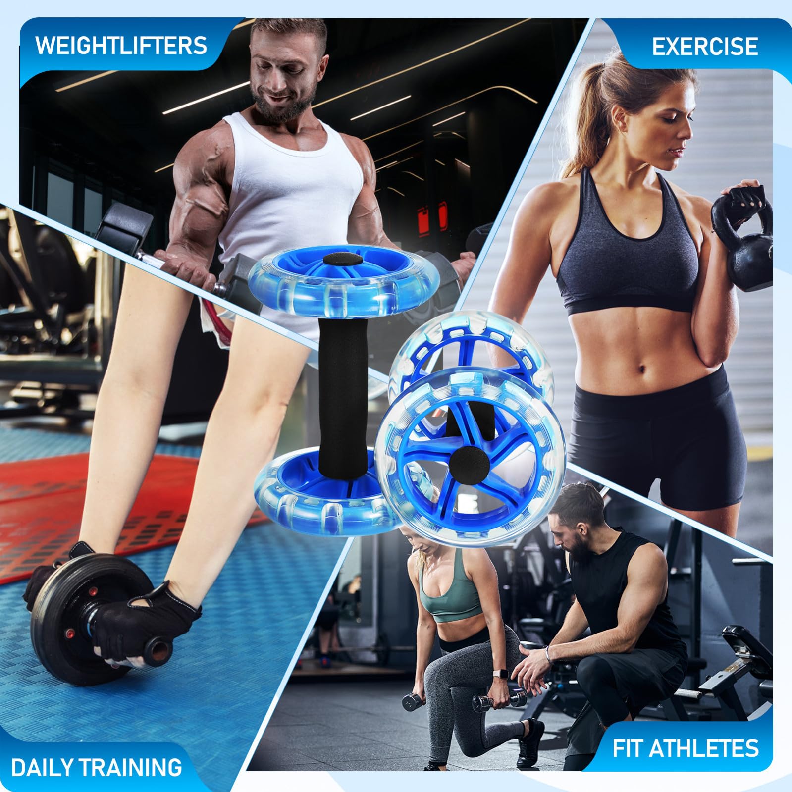 iplusmile Ruota Addominale Fitness a Doppie Ruote Blu Impugnature Antiscivolo, Attrezzo per Esercizi di Tonificazione e Perdita, per Allenamento Calistenico e Palestra Domestica