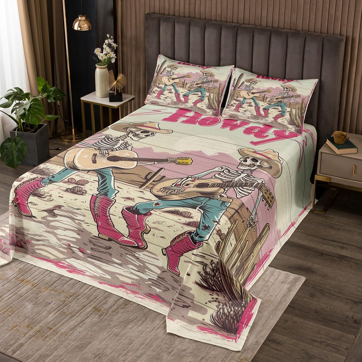 Manfei Howdy Bedspread Twin Size, Skeleton Playing Guitar Coverlet Set for Kids Boys Room Decor, Western Desert Cactus Quilted Coverlet with 1 Pillowcase, Soft Polyester Bedding Quilt