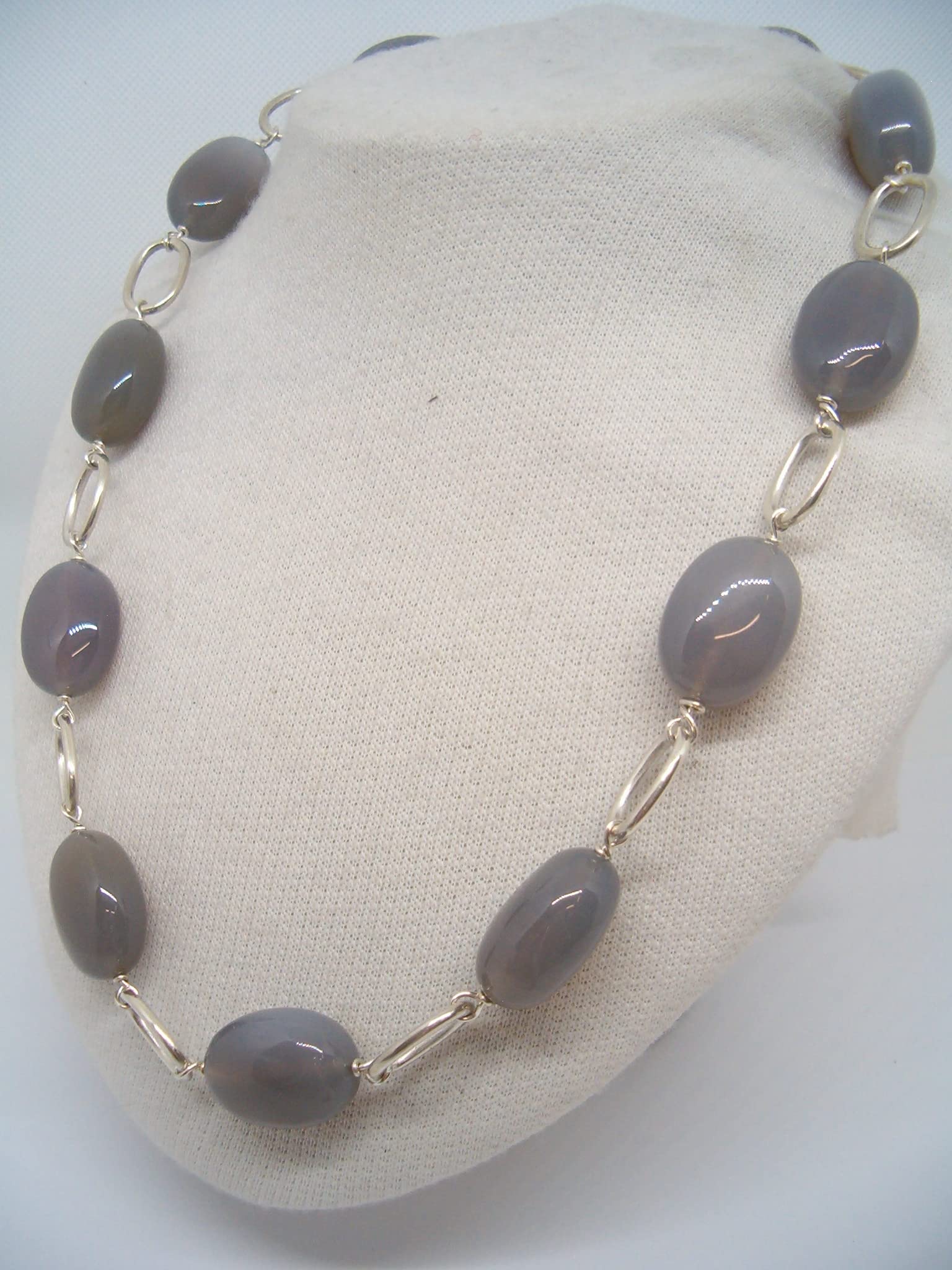 Collana in Argento 925 e Agata Grigia Naturale - Girocollo con Pietre Dure - Chiusura con Moschettone