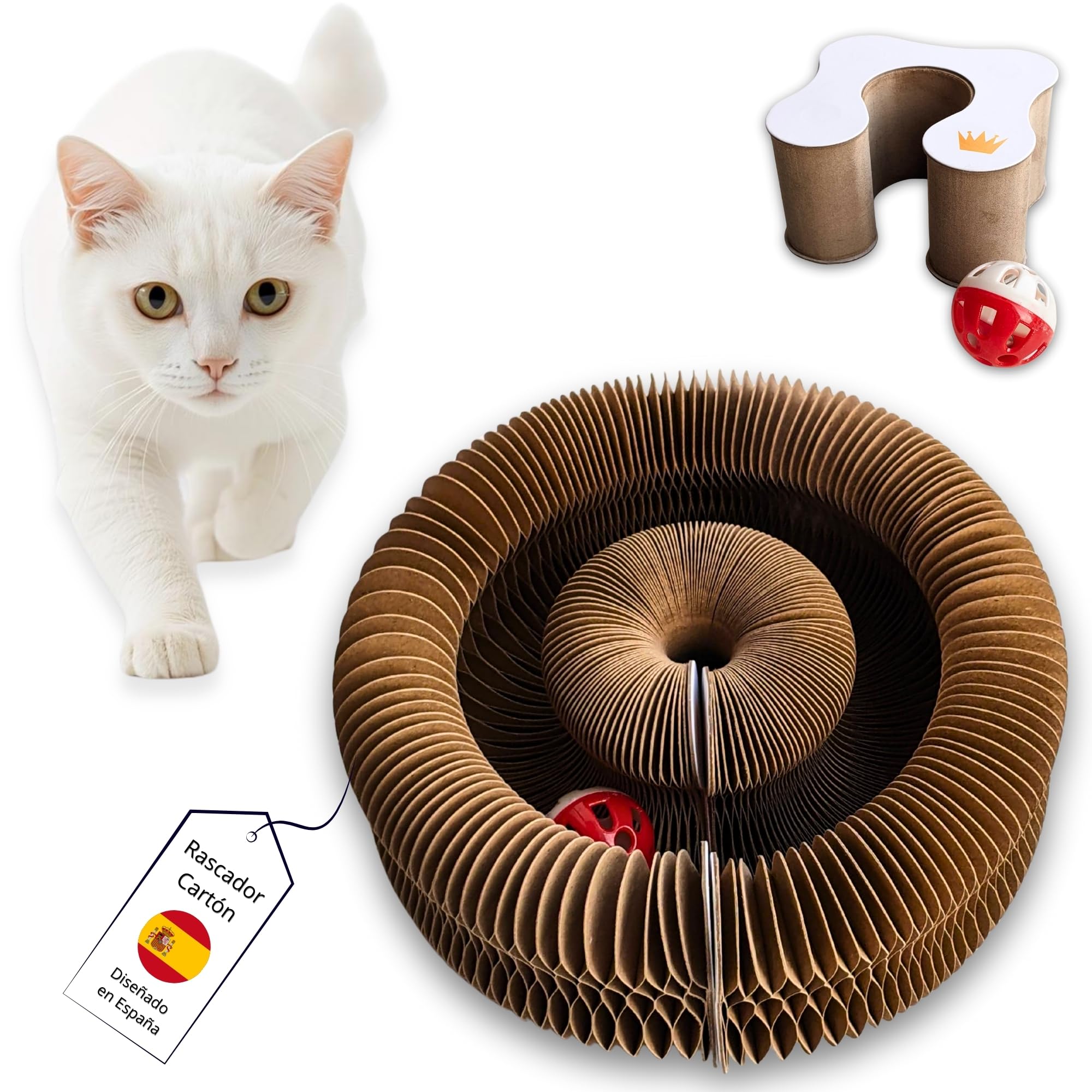 Interactive Scratcher for Cats, Corrugated Cardboard, Extendable with Magnets, Includes Ball with Bell, Modular Design Accordion Type - Interactive Cat Toy Anti-Stress