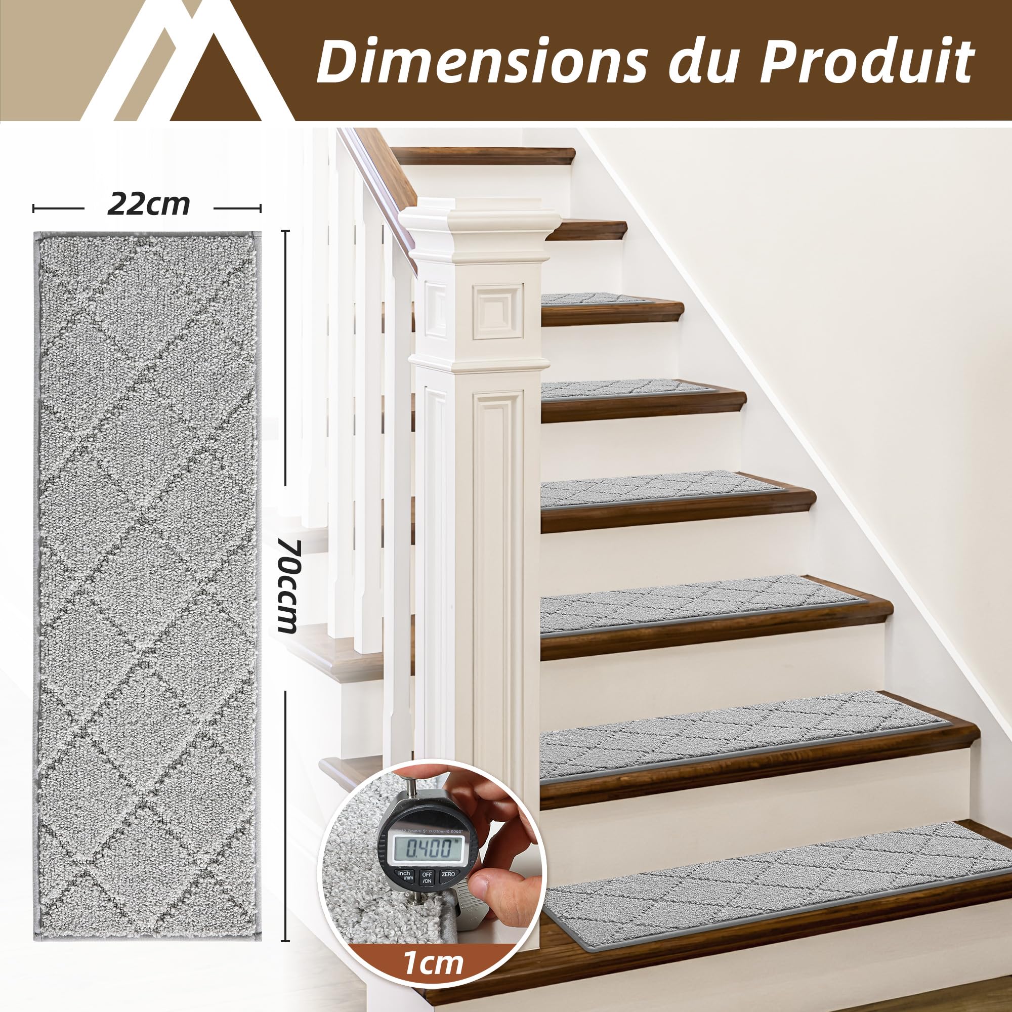 COSY HOMEER Tapis Escalier Antidérapant Lot de 15, 70 x 22 cm – Moquette Escalier Rutschfeste, Lavable en Machine, 100% Polyester, Dos TPE, Gris