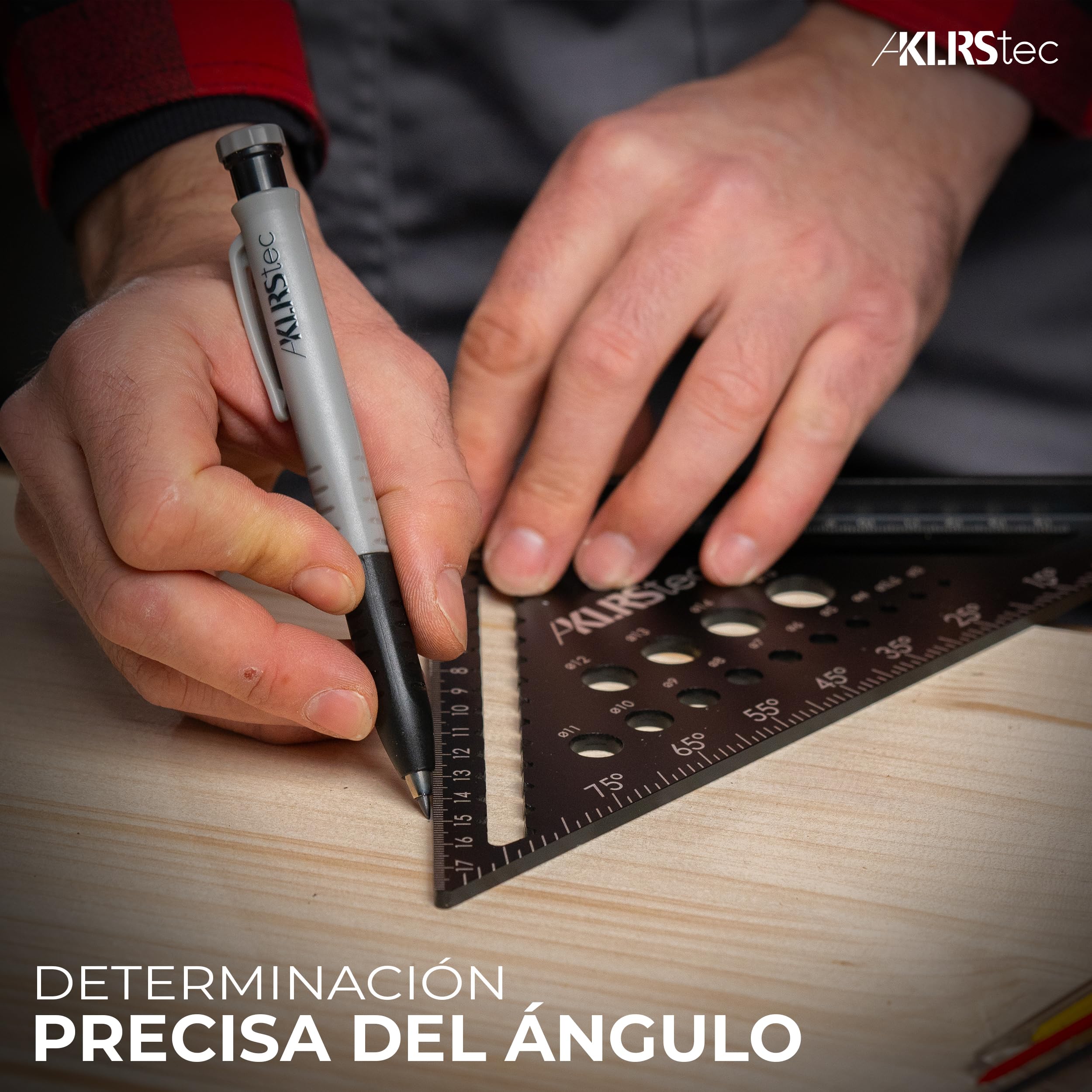 KLRStec Escuadra de Carpintero Profesional – Juego de Herramientas para la madera multifunción. Lapiz de carpintero y minas de repuesto incluido [7 Piezas]