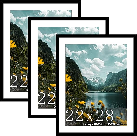 Picrit 22x28 Frame 3 Pack, Black Poster Frame, Display Poster 18 x 24 with Mat or 22 x 28 without Mat for Horizontal or Vertical Wall Mounting