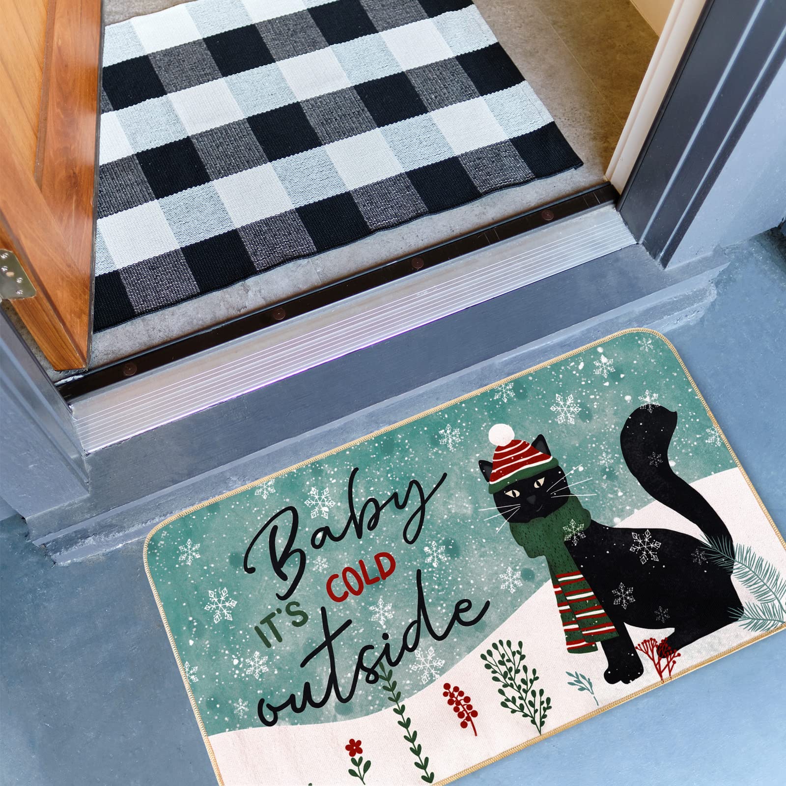 AnyDesign Weihnachts-Fußmatte, schwarze Katze, Baby It's Cold Outdoor, Winter, Filz-Fußmatte mit rutschfester Gummi-Rückseite, Xmas Cartoon-Bodenmatte, Dekor, 43.2x73.7 cm