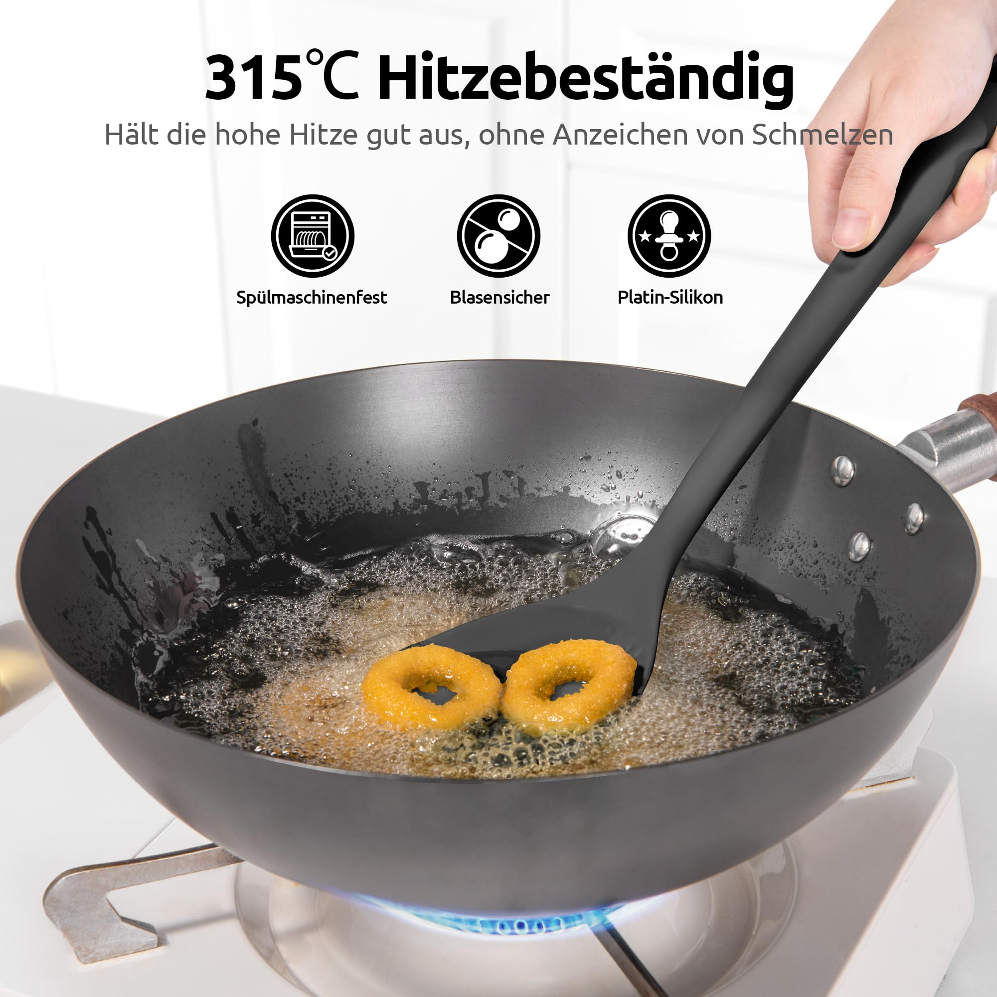 U-Taste Extra langer Silikon Wok Spatel: 315℃ hitzebeständiger Antihaft Wokpfannenwender, nahtloser Spatel mit breitem Löffelkopf und gebogenen Kanten zum Pfannenrühren, Wenden, Grillen (Schwarz)
