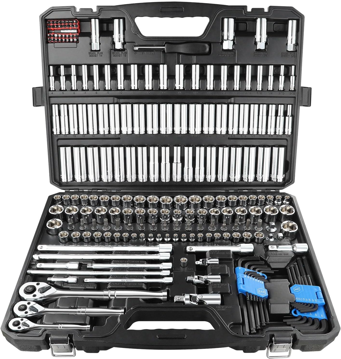 BOEN 225PCS Mechanic Tool Set, 1/4" & 3/8" & 1/2" Drive Socket Wrench Set, Metric and Standard Full Socket Set, with 90-Tooth Ratchet, Auto and Bike Repair with Heavy Duty Case