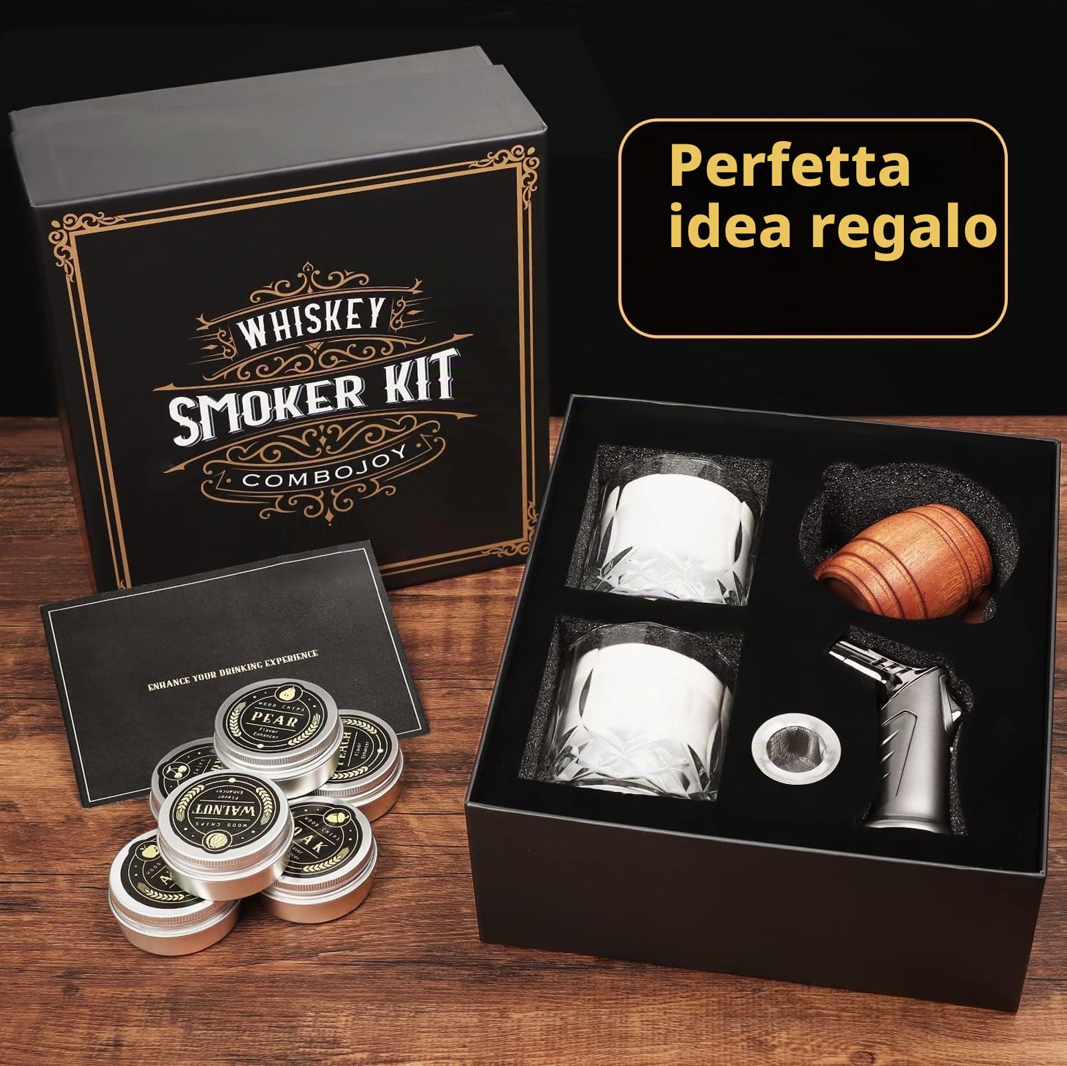 ComboJoy Kit Affumicatore per Whisky Cocktail con Torcia - 6 Aromi Scaglie Legno, 2 Bicchieri, 2 Cubetti Ghiaccio Silicone - Set Whisky Idee Regalo Compleanno Uomo Lui Papà Fidanzato (Senza Butano)