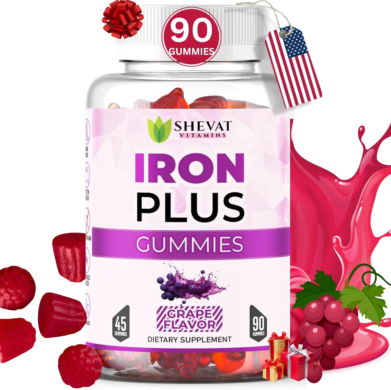 Made in USA 90 Iron Gummies For Women Anemia – Vegan, Gluten Free & Immune Support Iron Supplement Gummies (Grape) – Chewable Iron Gummies for Men – Kids iron Gummies for Kids with Vitamin C, A & Zinc