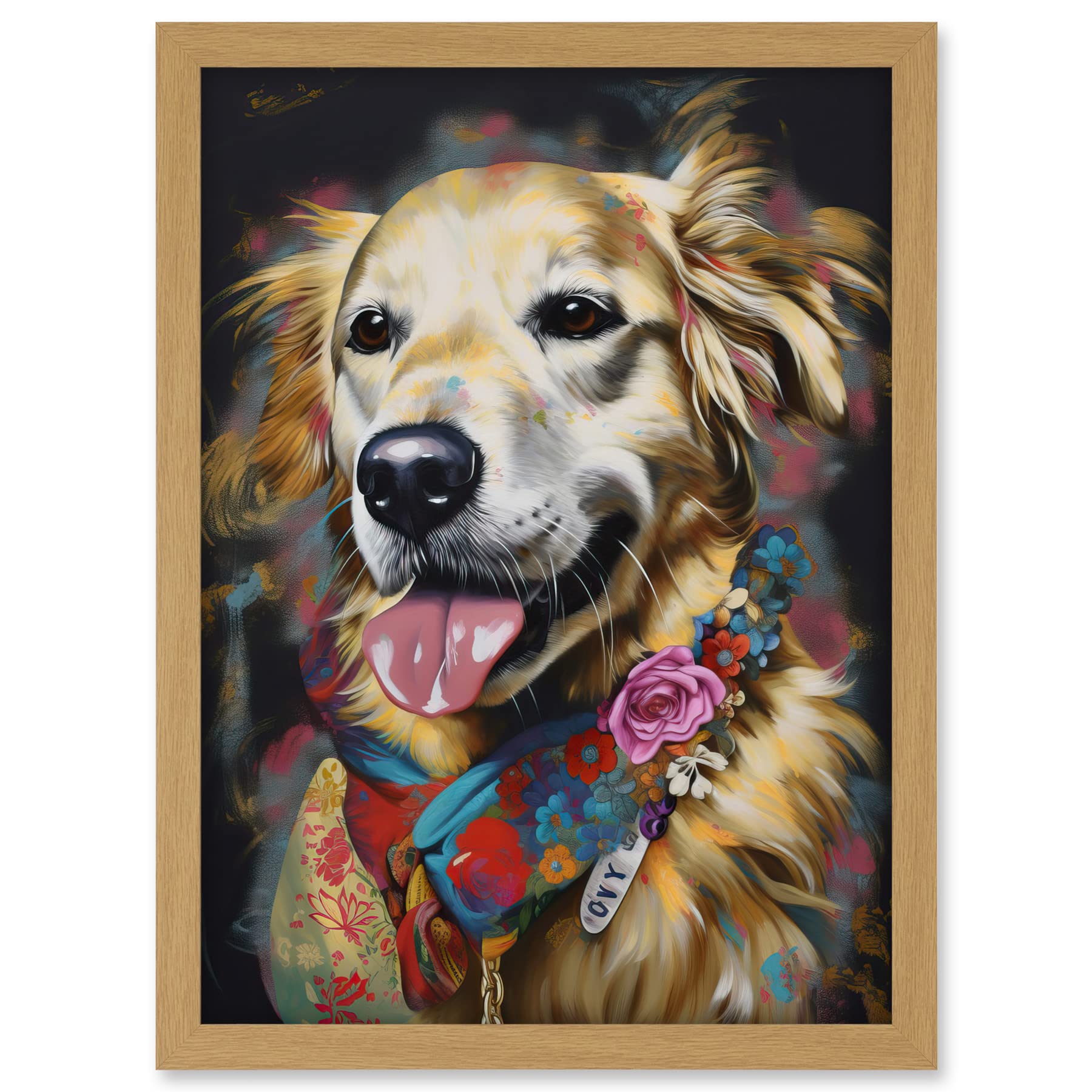 Artery8 Golden Retriever Dog with Floral Bandana Collar Artwork Framed A3 Wall Art Print