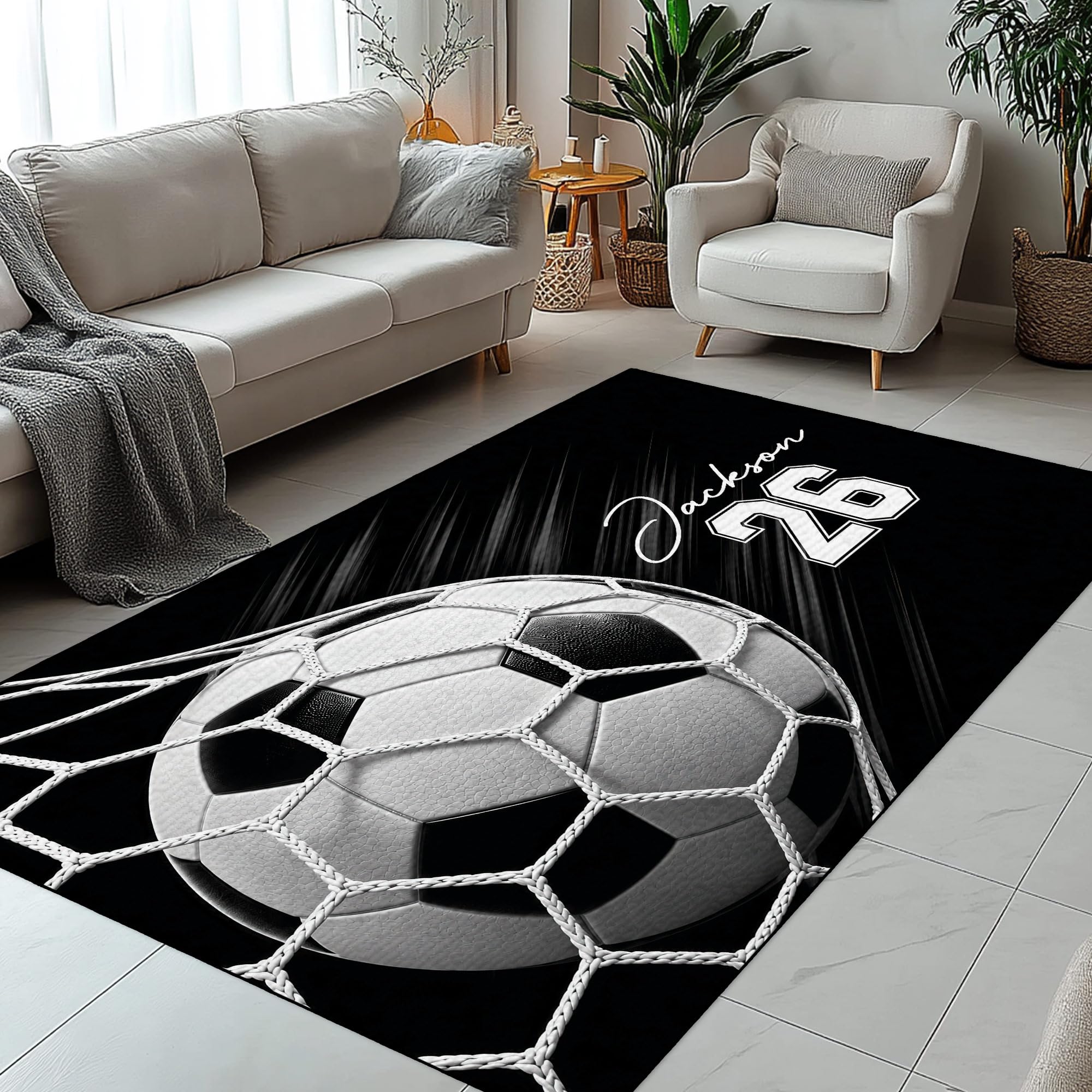 Custom Soccer Area Rug, Indoor Outdoor Carpet for Bedroom, Entryway, Living Room – Personalized Name Hallway Runner, Birthday Gift for Player, Coach, Son, Daughter, Teen, Sports Team, Fan Decor
