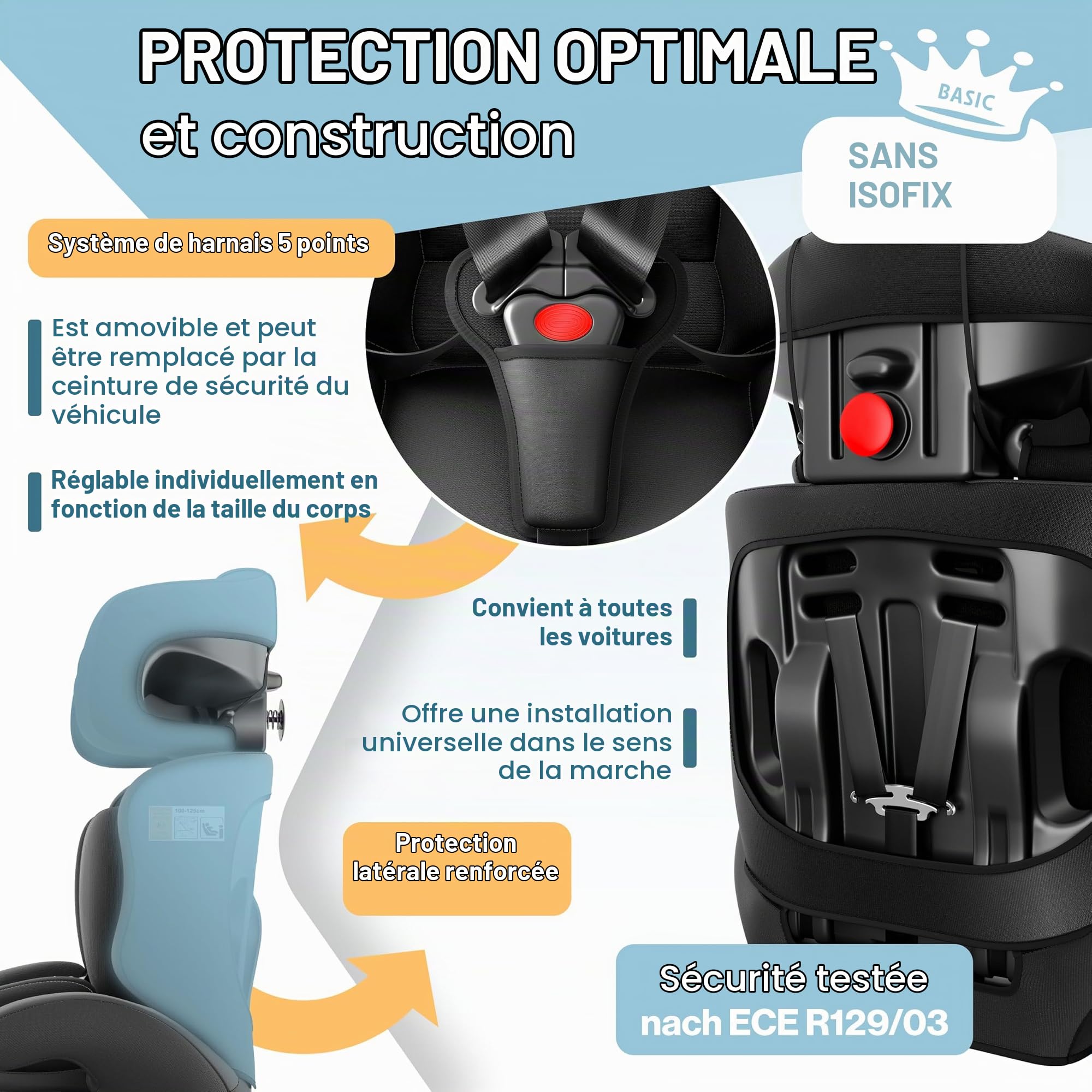 KIDIZ® i-Size R129 Siège auto pour enfant de 100 à 150 cm jusqu'à 12 ans, groupe 1/2/3 sans Isofix, siège enfant qui grandit avec le corps, ceinture à 5 points et appui-tête réglable en hauteur, noir