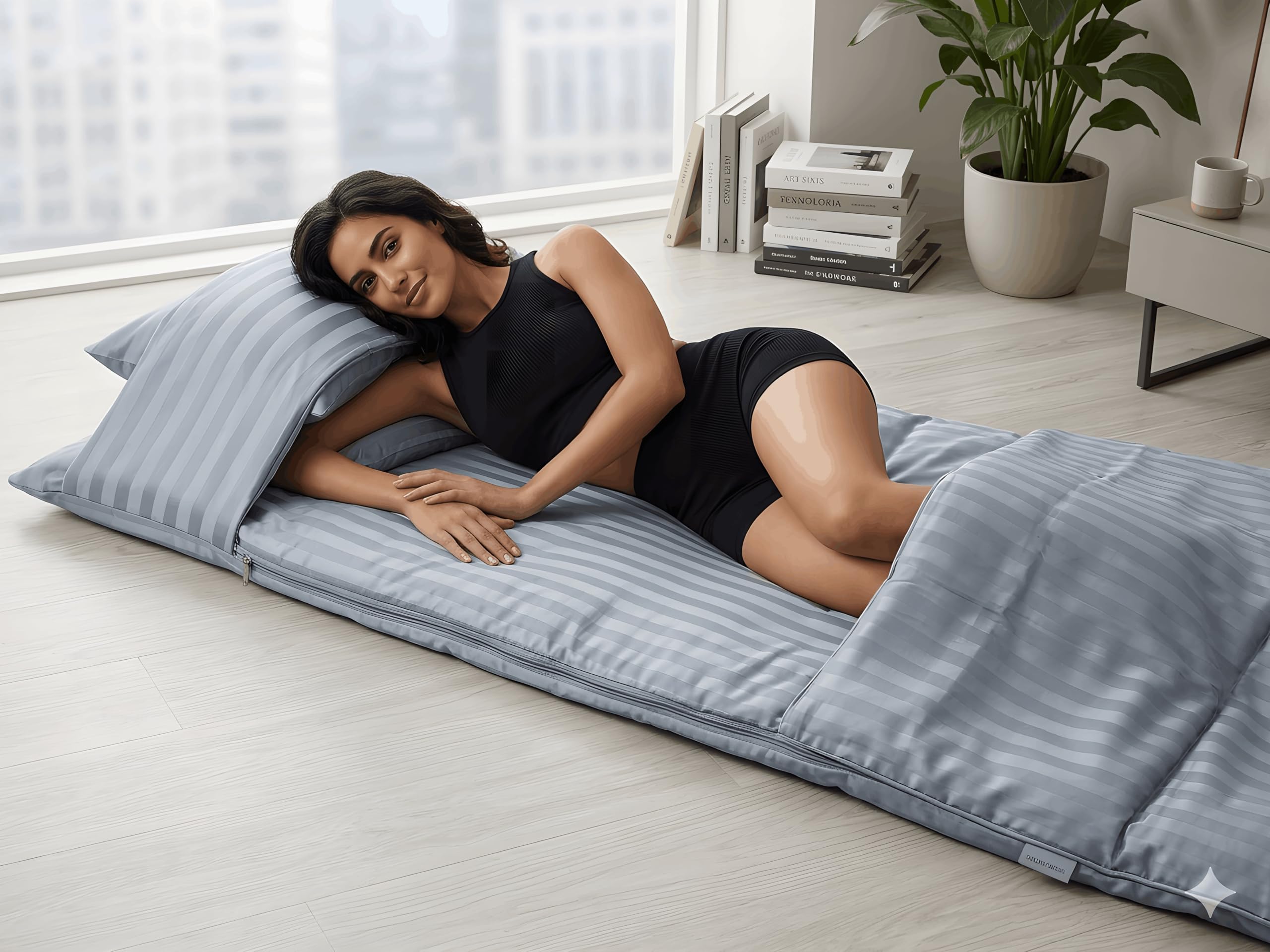 Greyish Blue Cotton Satin Stripe Adult Sleeping Bag with Zipper-image-34