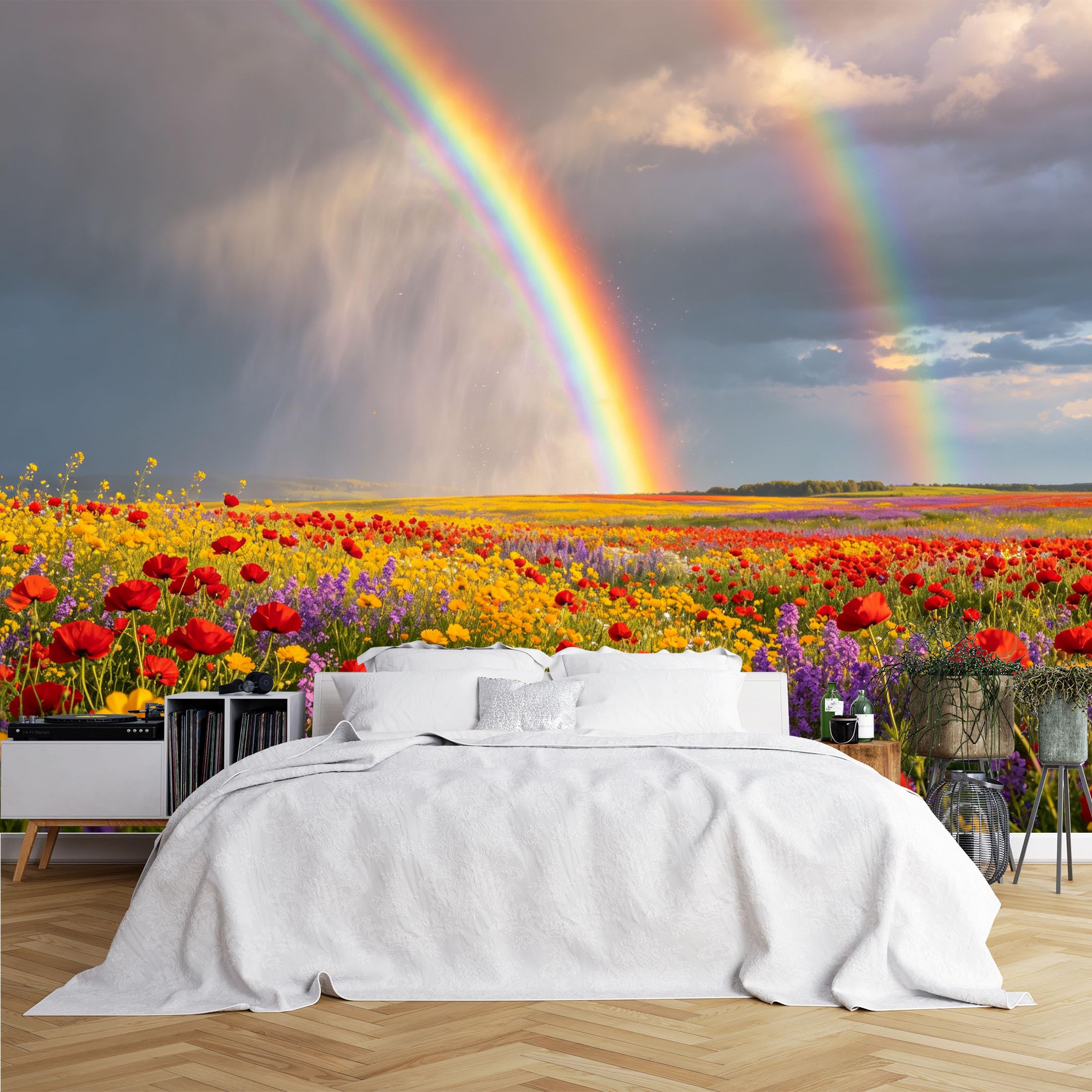 Lcythiazole Ch260615017 Custom Size Wall Murals Wildflower Meadow Double Rainbow Scene Wall Murals Vivid Large Photo Wallpaper Self-Adhesive Removable Wallpaper For Bedroom Living Room