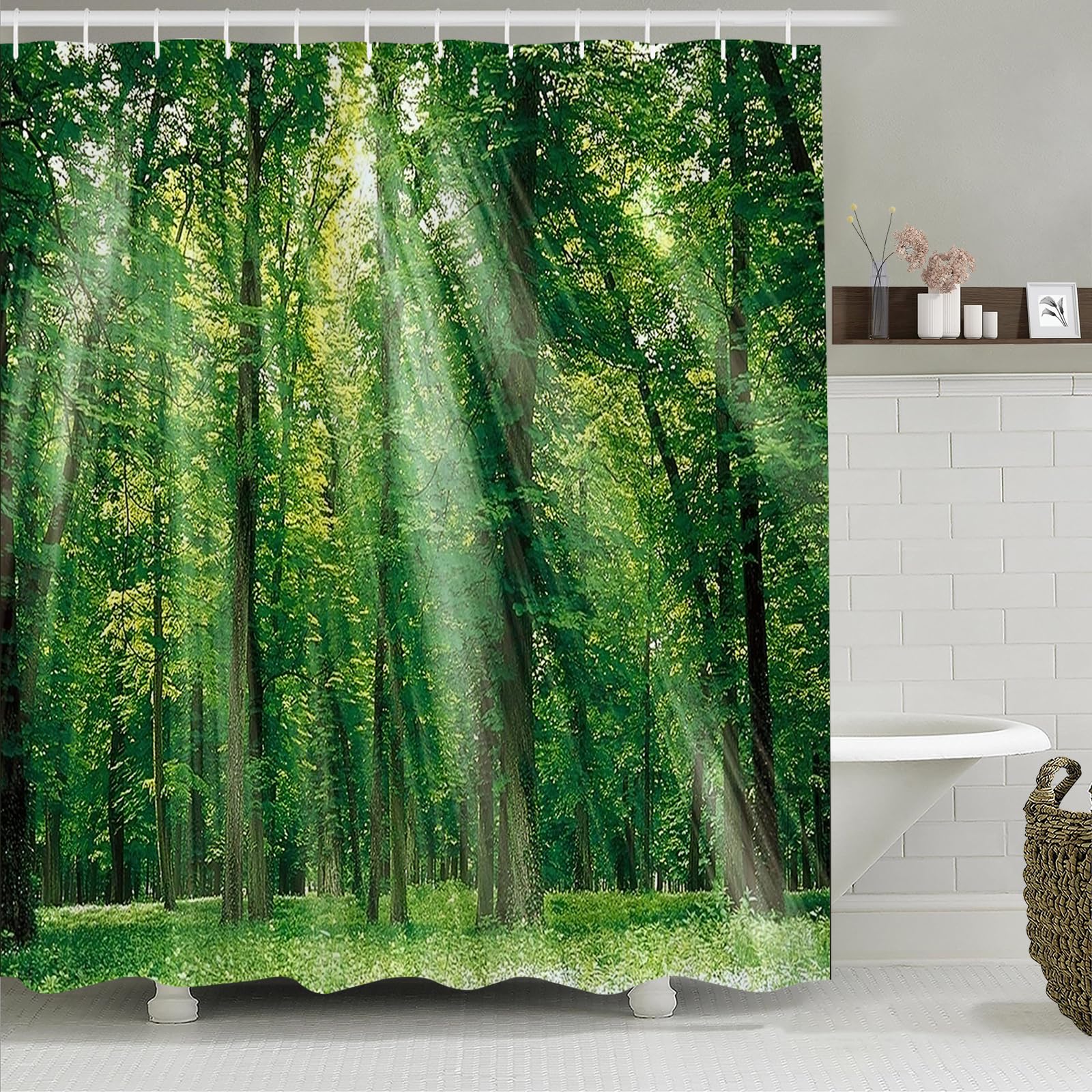 Simpomsy Green Forest Shower Curtain, Green Jungle Tall Trees Sunshine Shower Curtains, Nature Landscape 3D Scenery Bathroom Curtains, Waterproof Fabric Bathroom Decor Set with Hooks 200x180cm