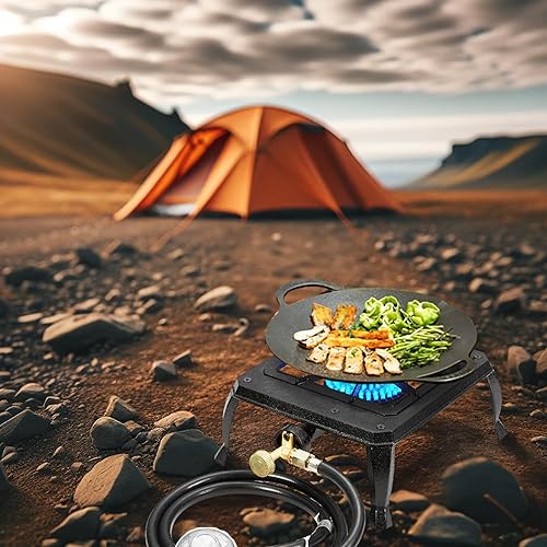 Miniatura 3 de Vivicreate Estufa de camping de llama de hierro fundido de un solo quemador, incluye regulador y manguera de gas listado CSA (HT-C-0011)