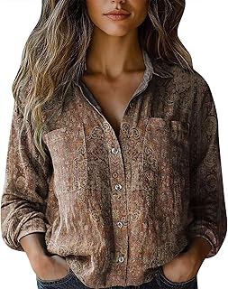 Blusas bohemias de manga larga para mujer, estilo vintage, retro, estampado floral, blusas vintage con cuello en V y botones