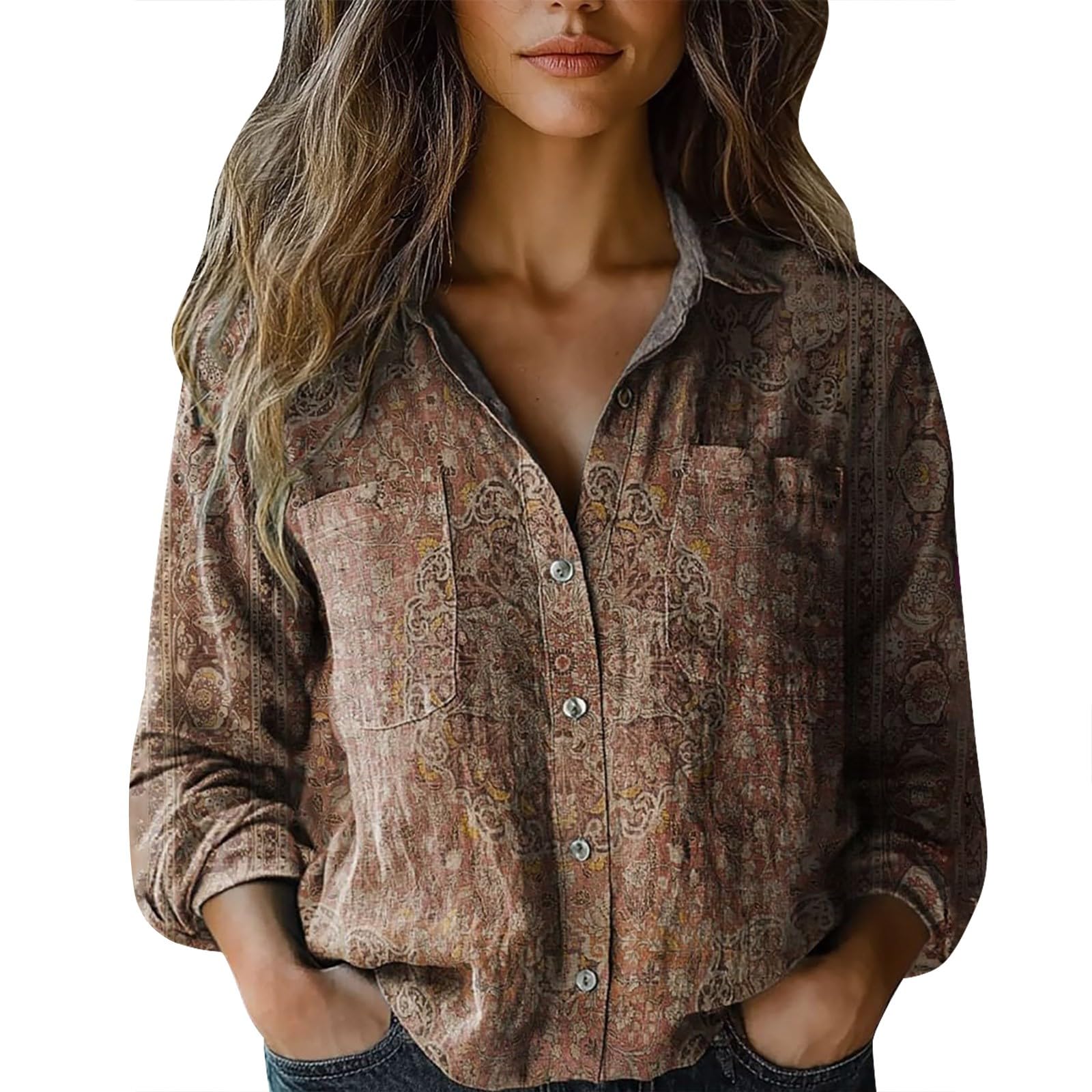 S-5XL Boho Tops for Women Long Sleeve Vintage Retro Floral Print Blouses Ladies Vintage V Neck Button Down Shirts
