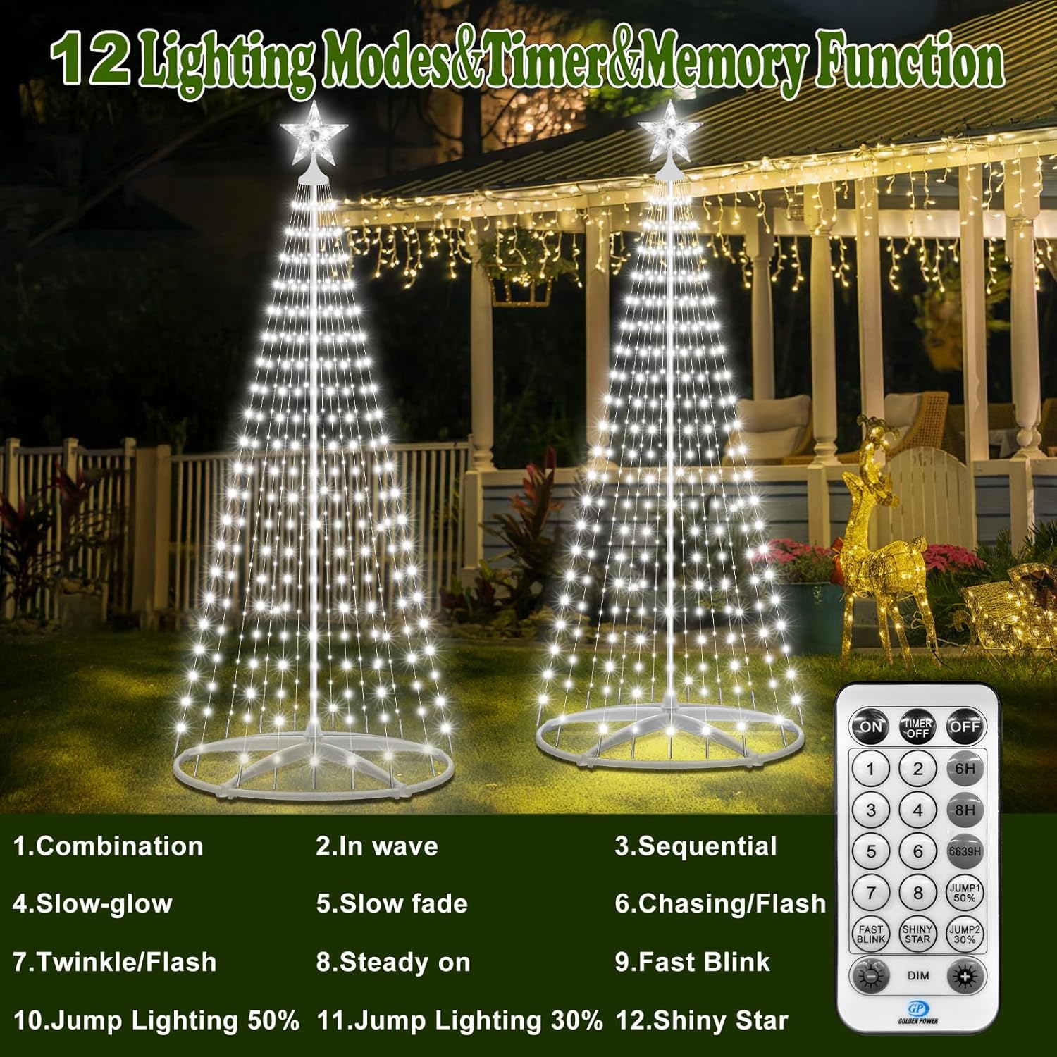 7.5ft Pre Lit Christmas Tree with 310 Cool White LEDs - Outdoor Indoor Artificial Xmas Tree with Remote Control, 12 Modes, 3 Timer Settings, IP65 Waterproof Holiday Decor for Yard, Garden, Patio