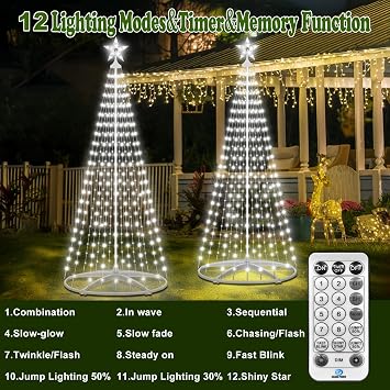 7.5ft Pre Lit Christmas Tree with 310 Cool White LEDs - Outdoor Indoor Artificial Xmas Tree with Remote Control, 12 Modes, 3 Timer Settings, IP65 Waterproof Holiday Decor for Yard, Garden, Patio