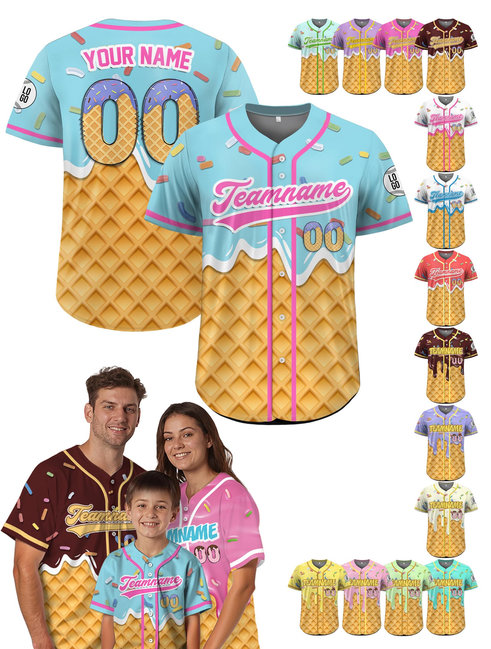 Custom Baseball Jersey – Personalized Name, Number & Logo, Drip Blue Ice Cream Baseball Jersey Summer Holiday for Men, Women, Youth, Toddlers