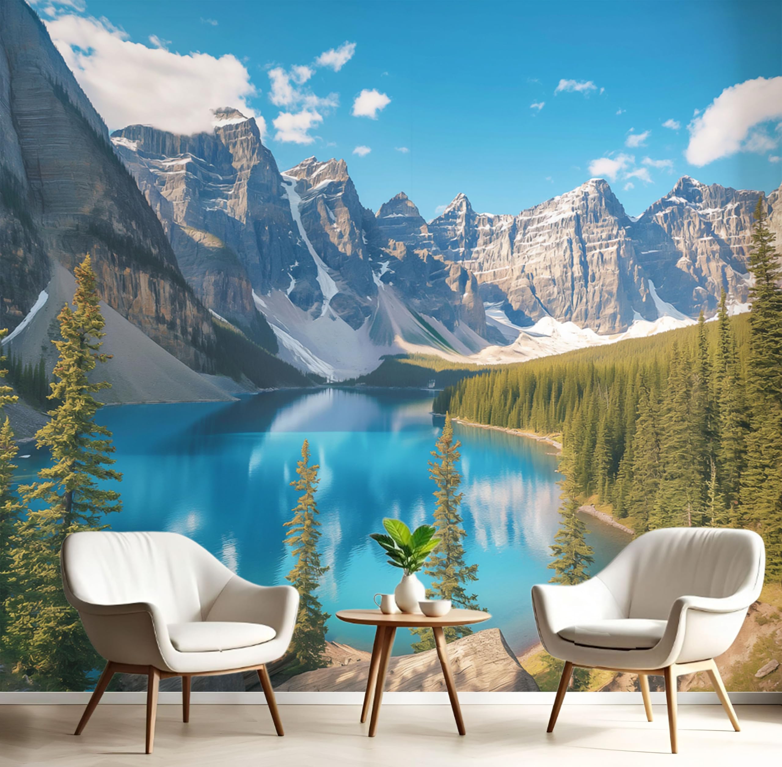 Papel pintado 3D de montañas nevadas y bosques para pared de salón 150x105cm