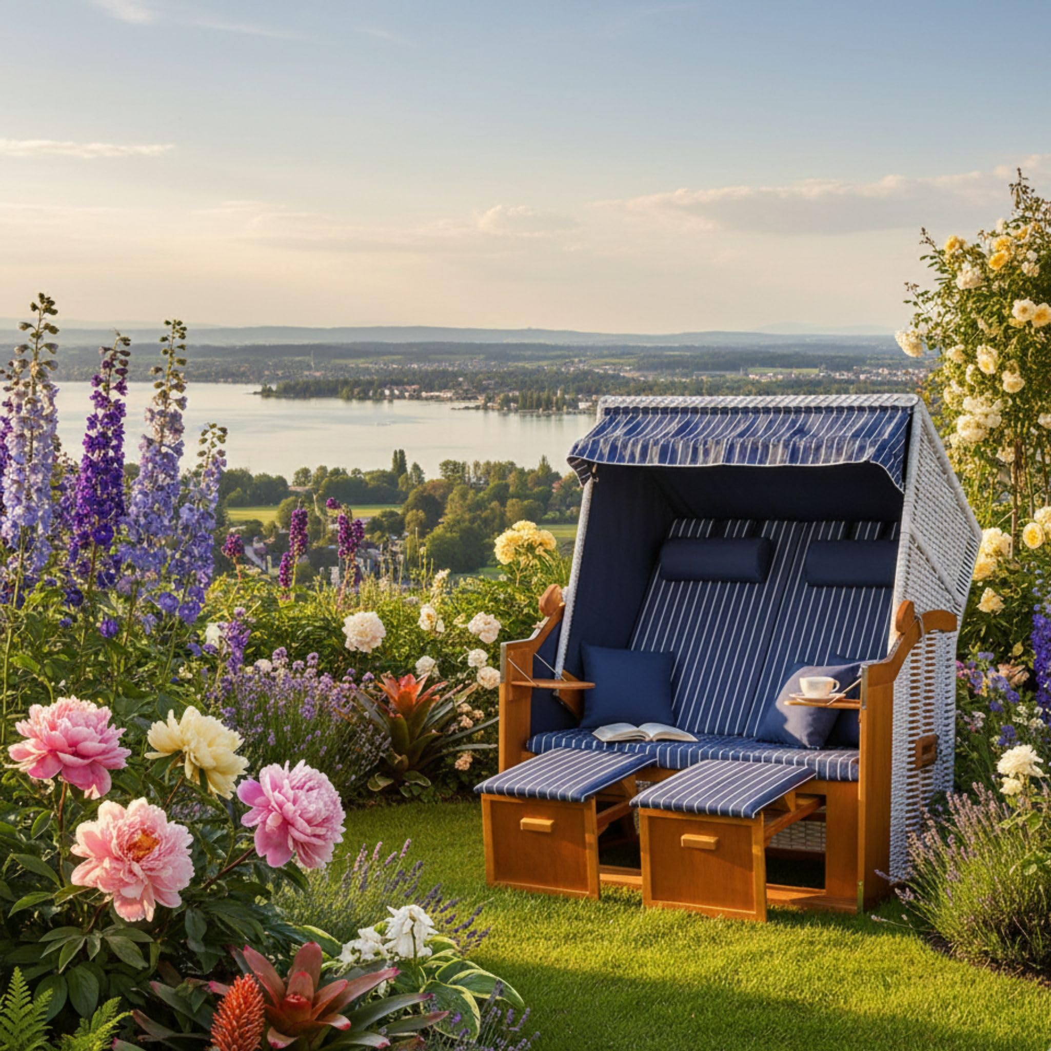 Mr. DEKO® Strandkorb Baltique rotin PE Blanc Bleu | qualité Premium | résistant Pluie Vent | Fauteuil-Cabine détente | mobilier de Jardin et Balcon extérieur, Coin Repos Chic