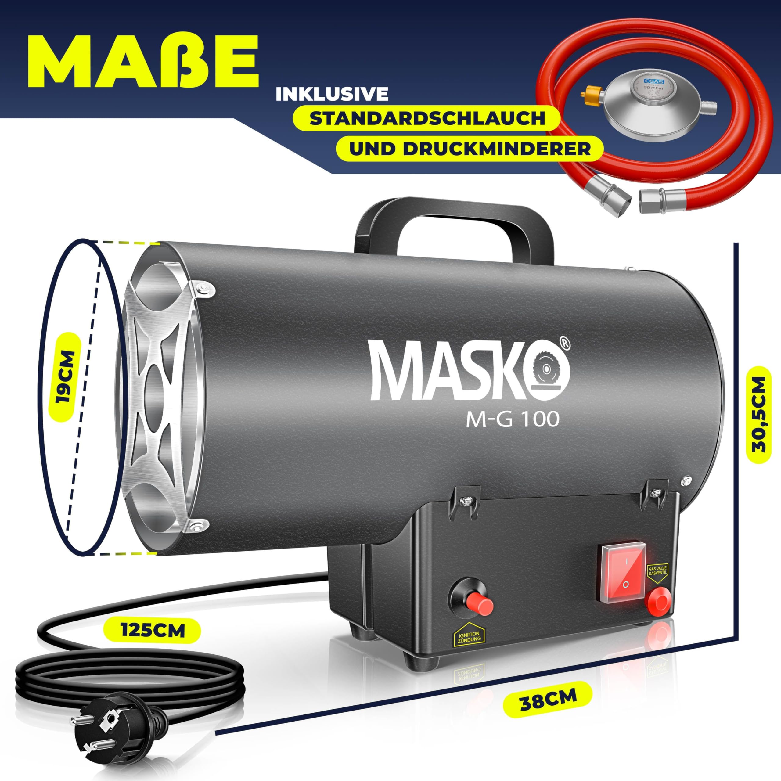 MASKO® Termoventilatore a Gas Riscaldatore 10 KW generatore d'Aria Calda con Tubo del Gas Antracite