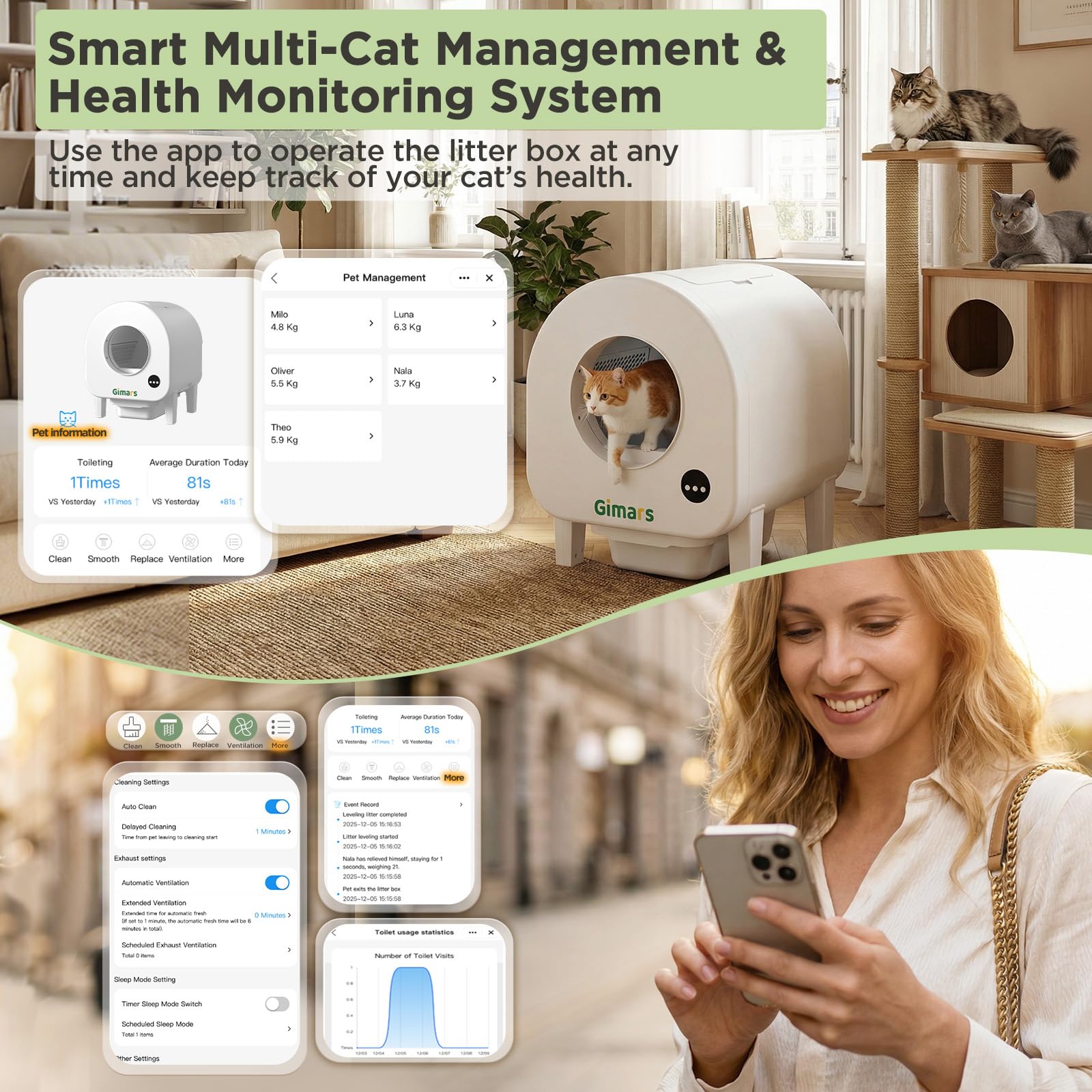 Gimars XXL 90L Selbstreinigende Katzentoilette mit App-Steuerung, Automatisches Katzenklo mit Matte, Müllbeuteln & Trittbrett, Dreifach-Sensor und Geruchskontrolle für Kätzchen, Alte & Mehrere Katzen