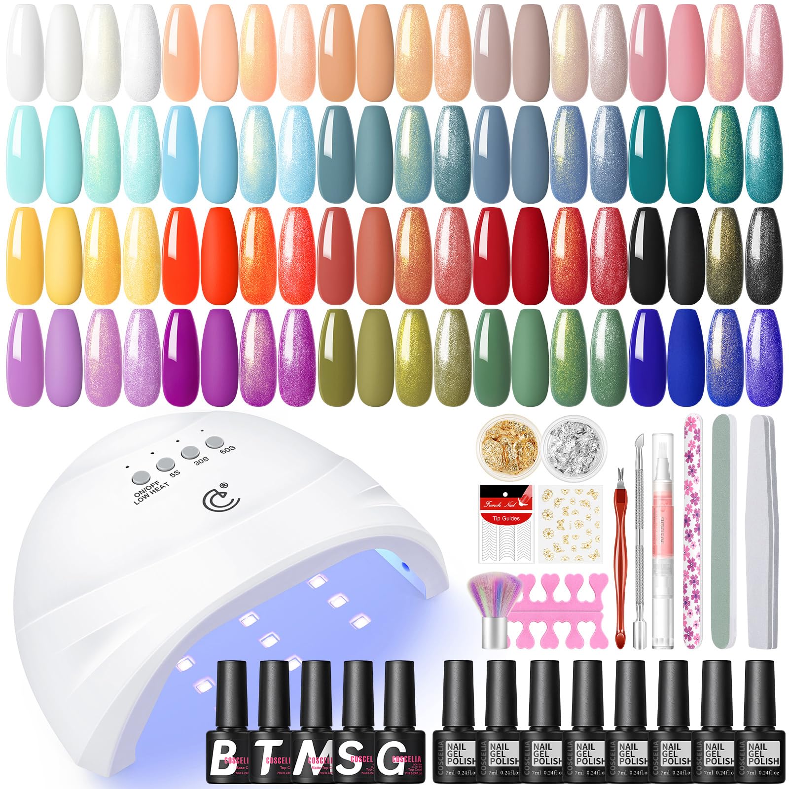 COSCELIA Uñas Semipermanentes Kit Completo, 20Pcs Esmaltes Semipermanentes para Uñas con Base, Top Coat Brillante y Mate, Kit Uñas Semipermanentes con Lámpara de Uñas para Principiante y Profesional