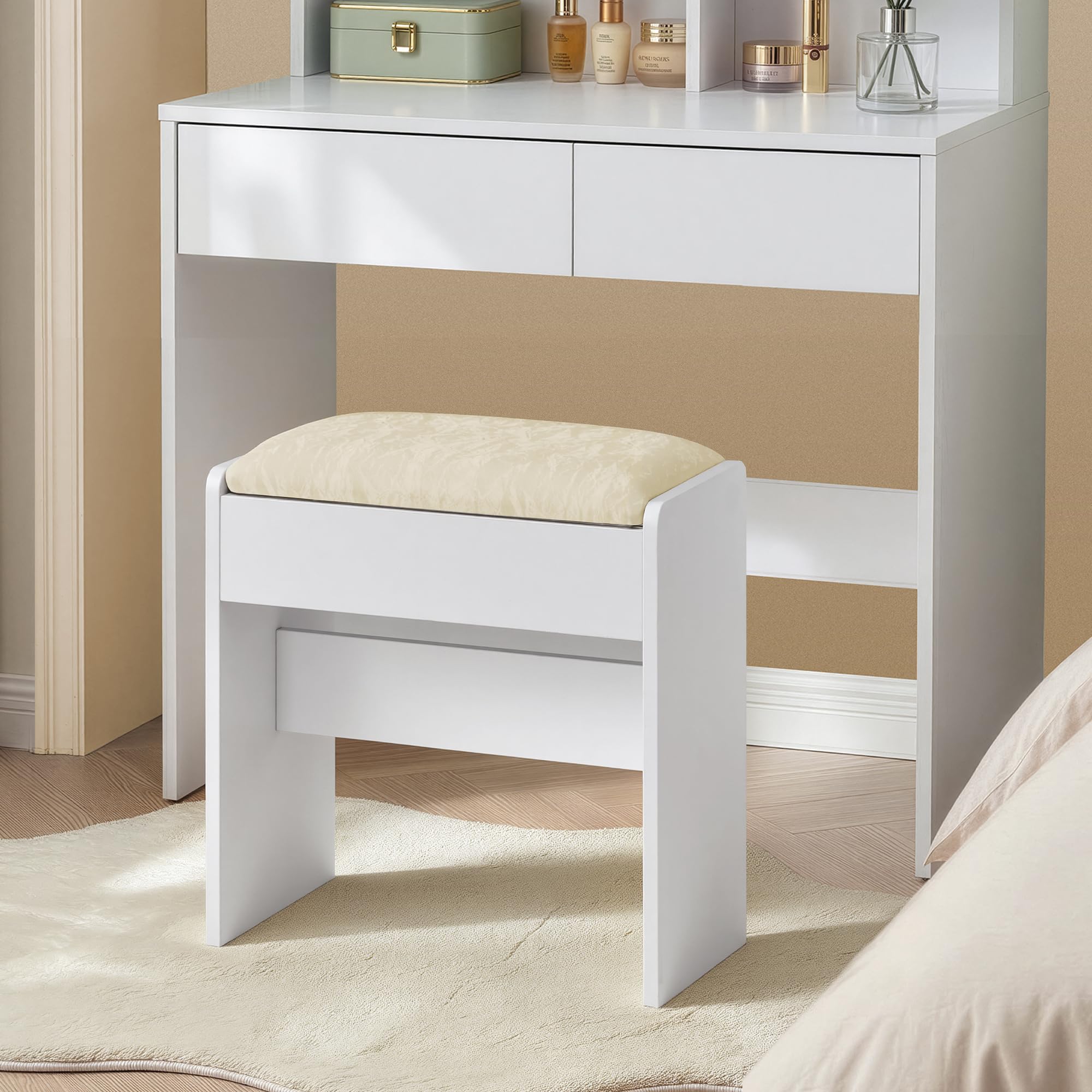 VASAGLE Dressing Table Stool, Velvet Upholstered Makeup Stool, Modern Footrest with Anti-Slip Pads, for Dressing Room, Bedroom, Entryway, Matte White and Cream White RDS001WD02