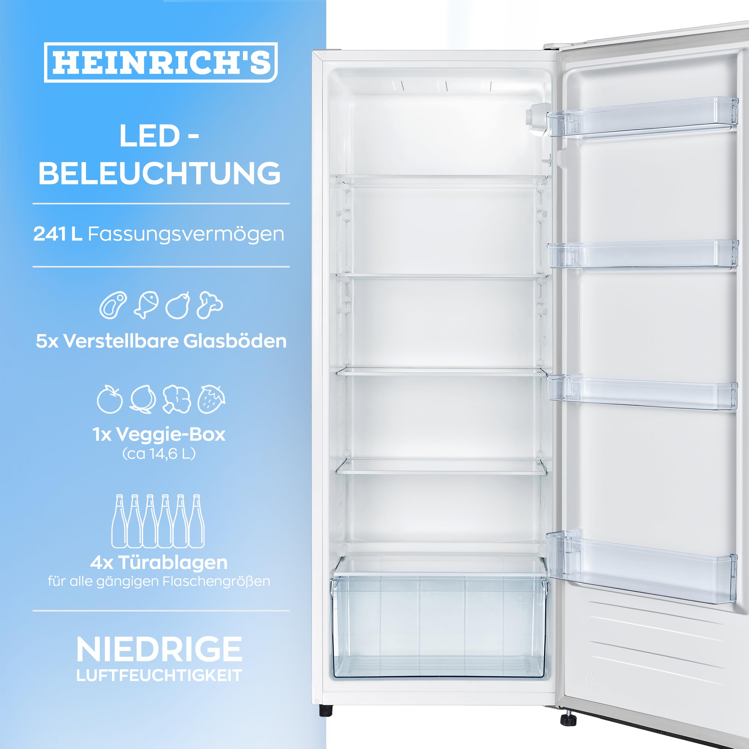 Heinrich´s freistehender Kühlschrank 242L, Standkühlschrank mit LED-Beleuchtung, 5 Glasablagen, Türanschlag wechselbar, leise 40dB, weiß